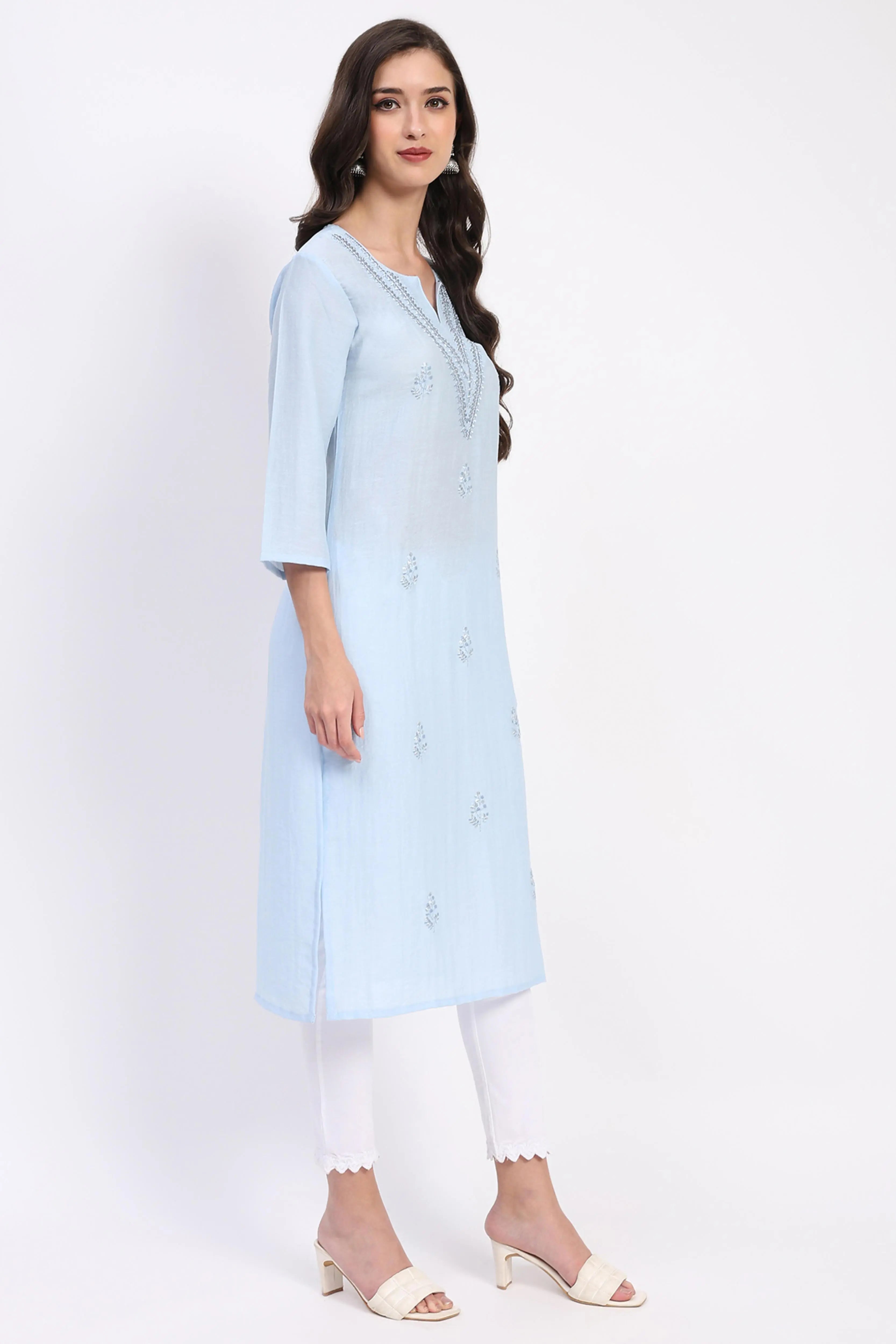 Powder Blue Linen Blend Embroidered Kurta - Global Republic