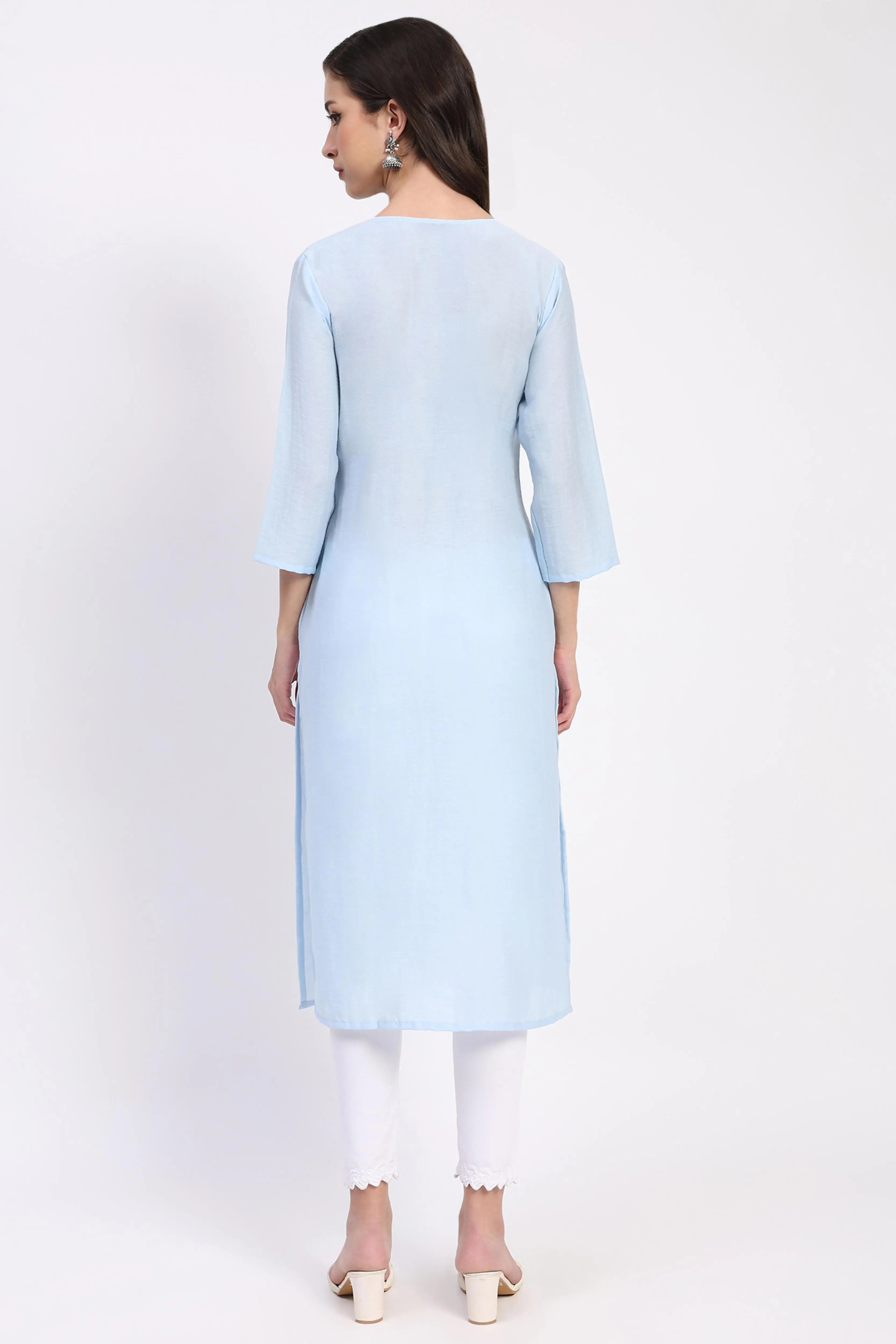 Powder Blue Linen Blend Embroidered Kurta - Global Republic