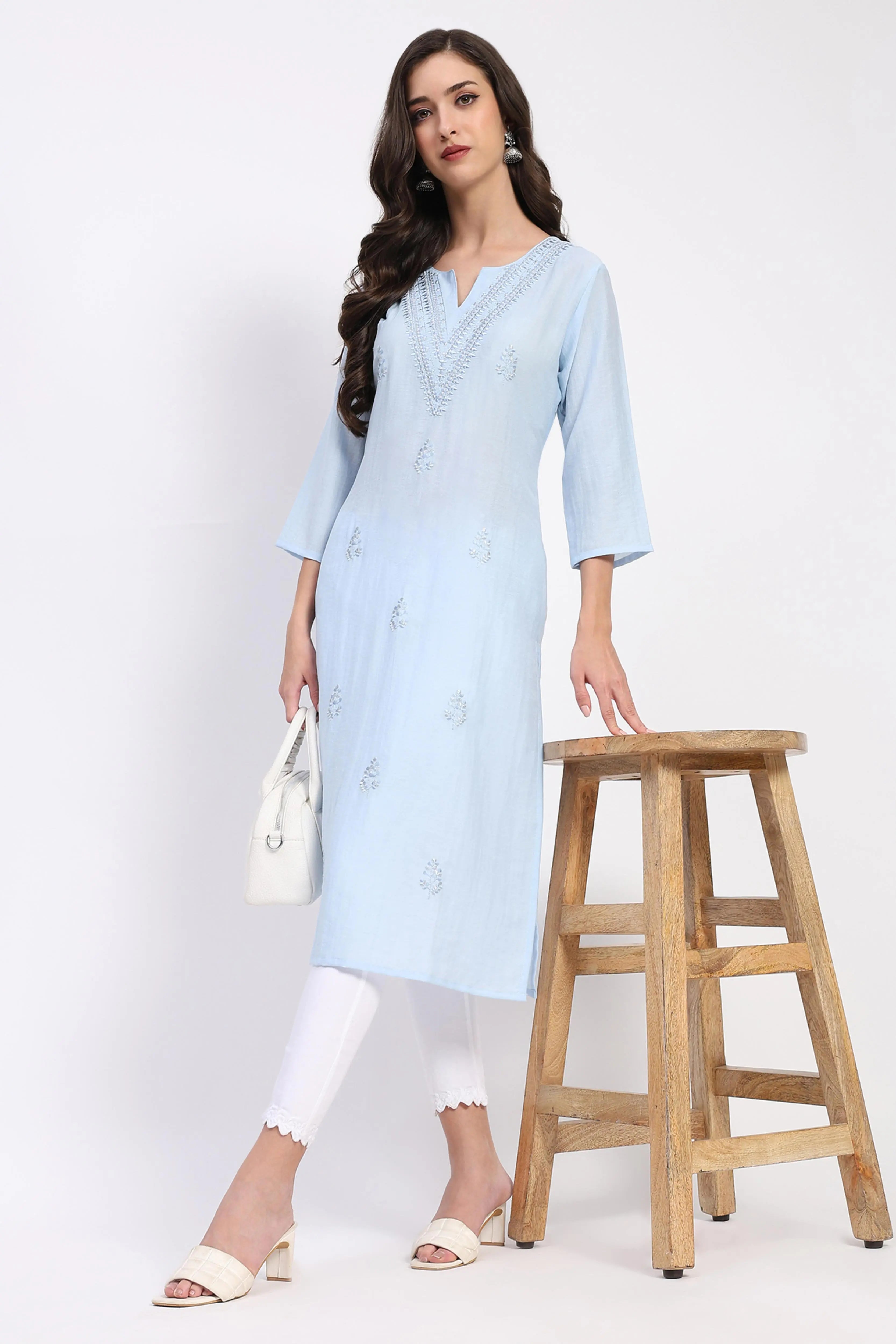 Powder Blue Linen Blend Embroidered Kurta - Global Republic