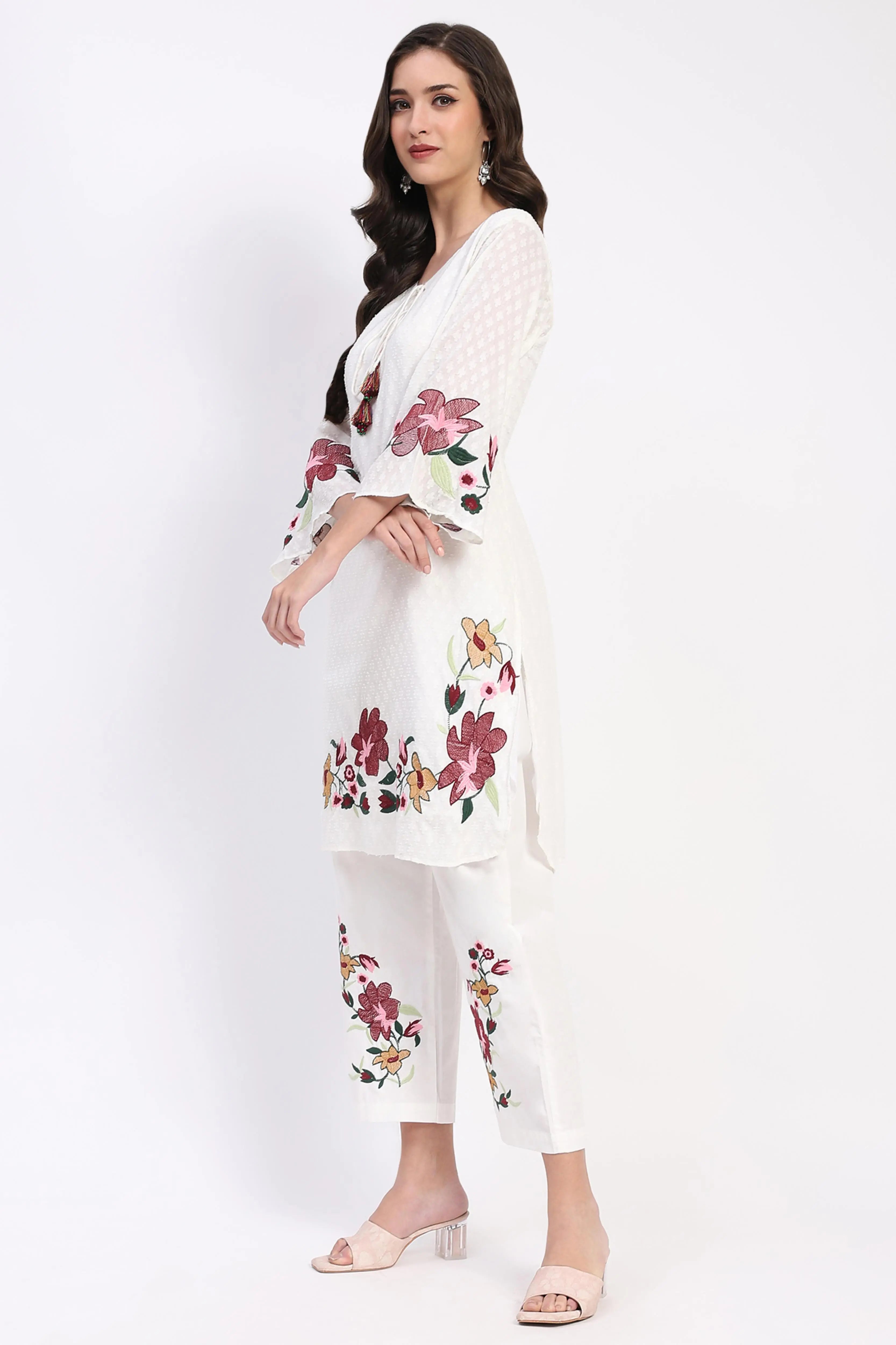 White Embroidered Cotton Dobby Kurta Set - Global Republic