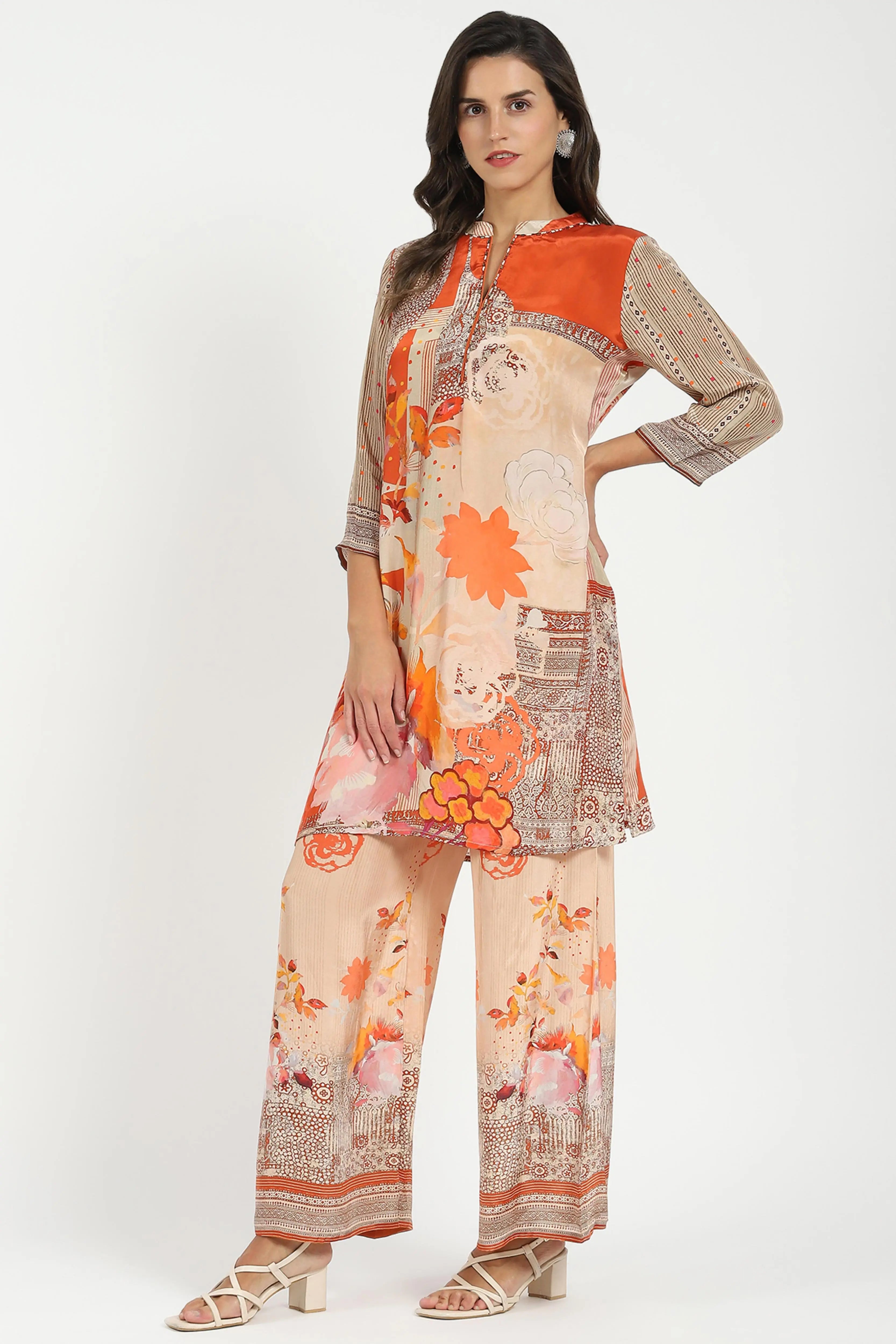 Orange Abstract Crepe Kurta Set - Global Republic