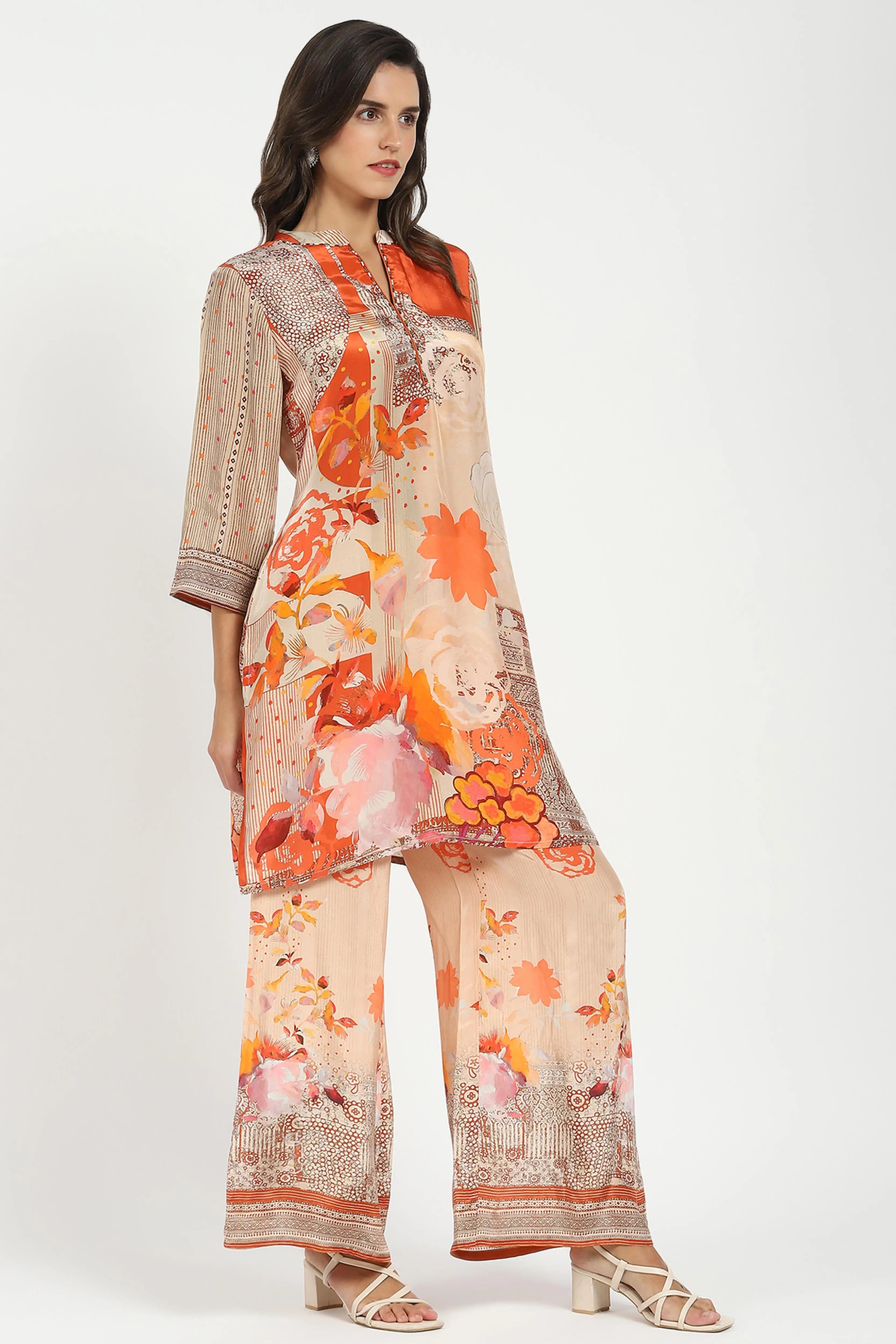Orange Abstract Crepe Kurta Set - Global Republic
