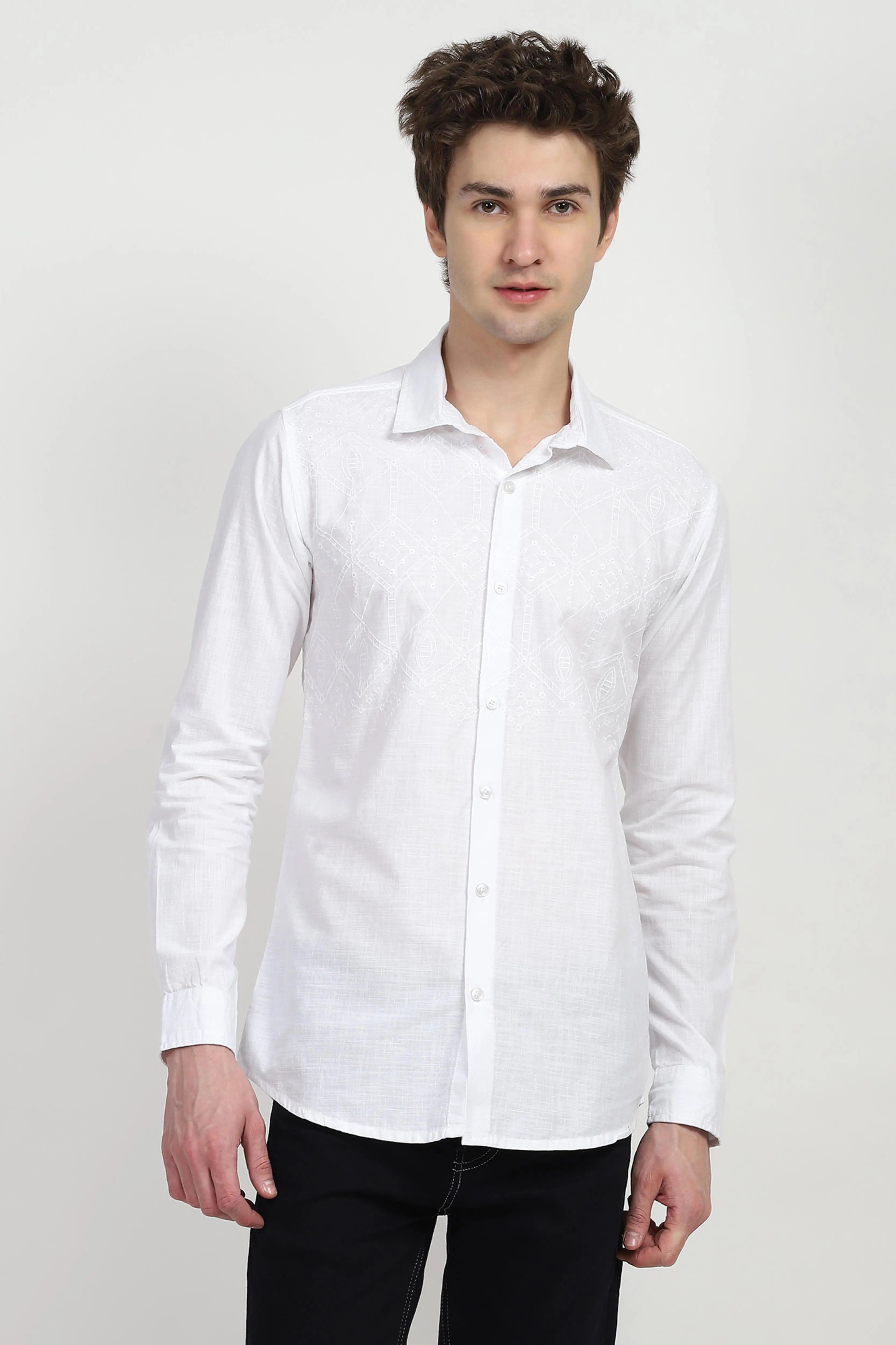 White Cotton Embroidered Shirt - Global Republic