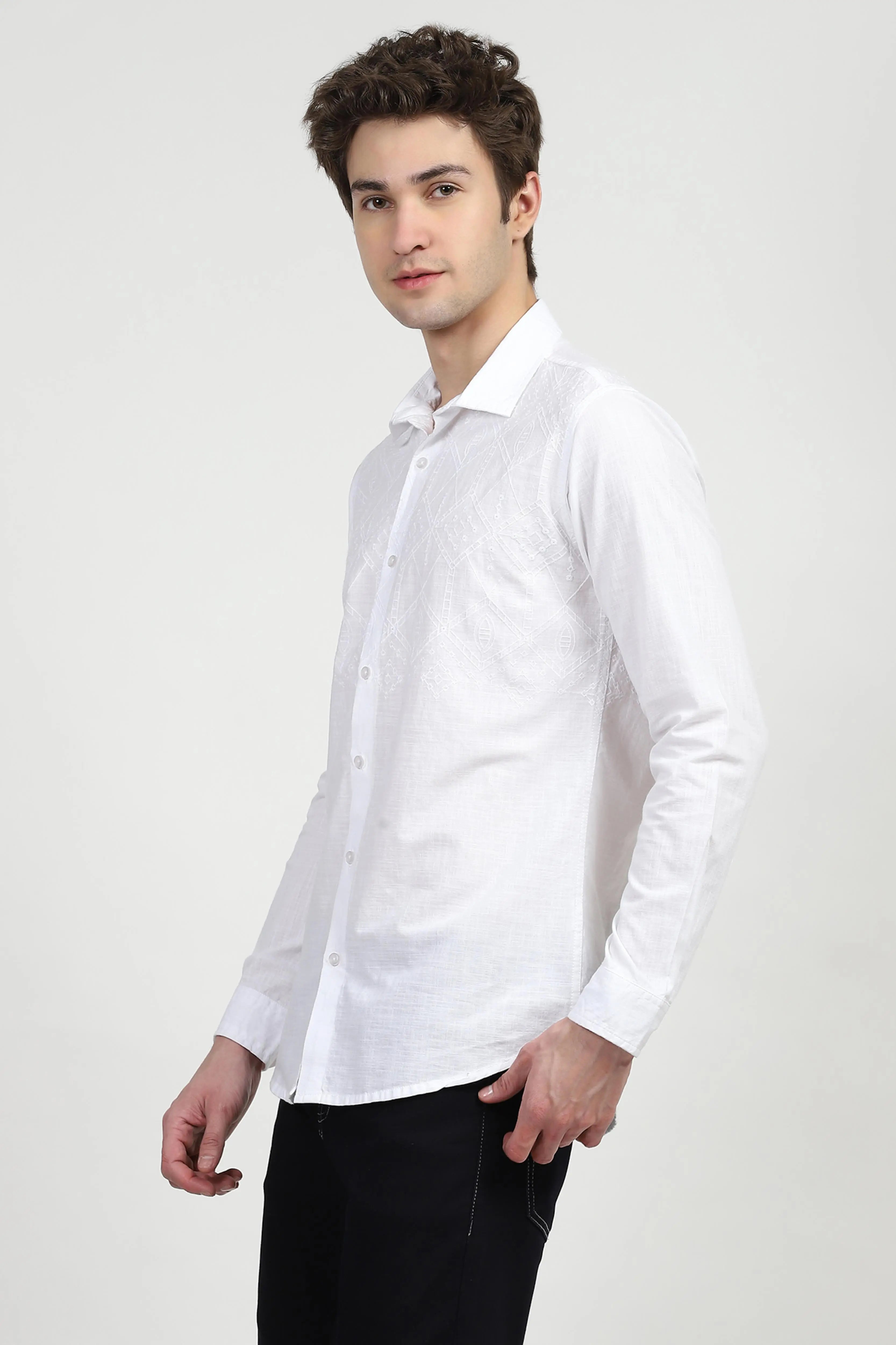 White Cotton Embroidered Shirt - Global Republic