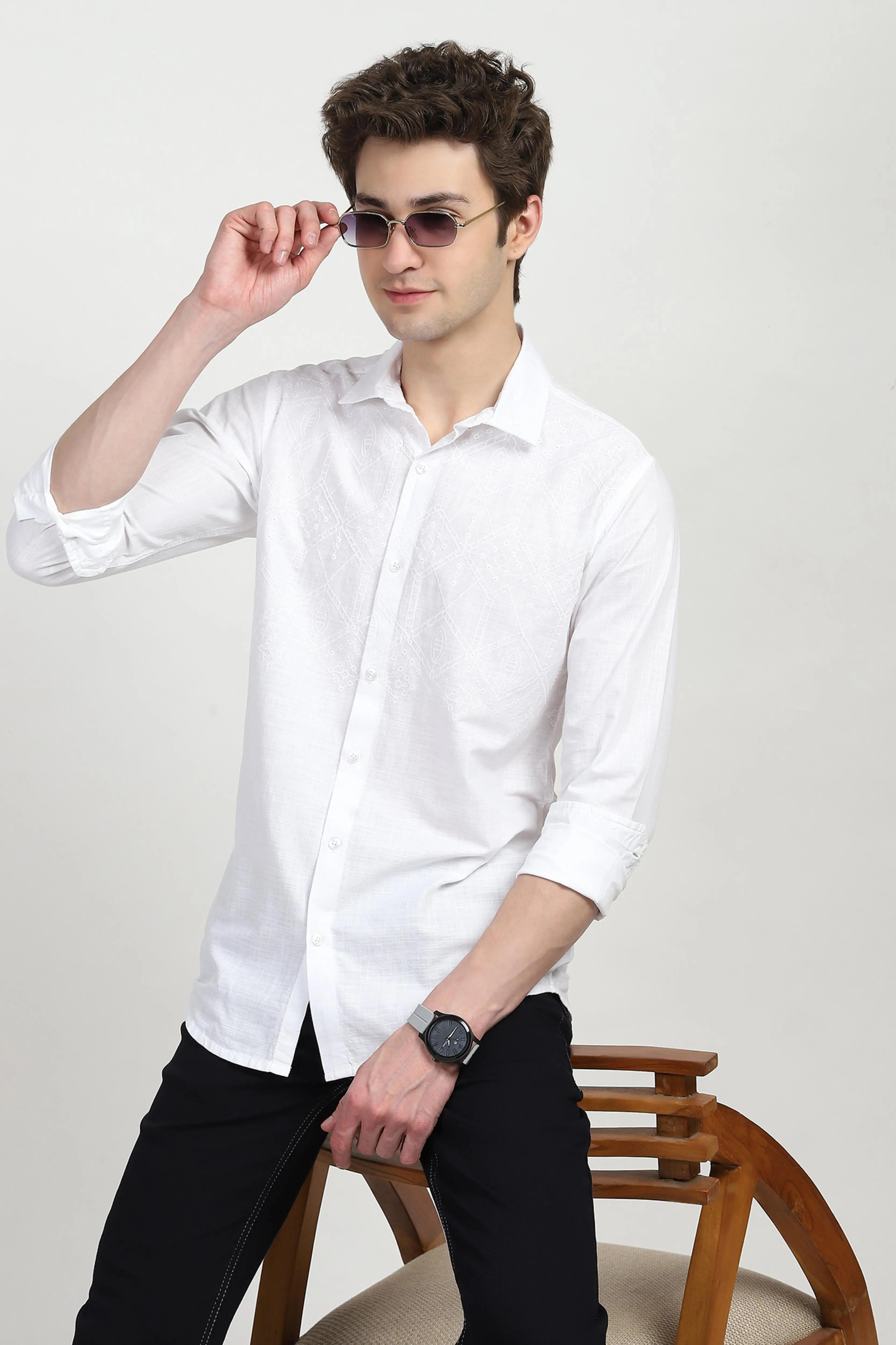 White Cotton Embroidered Shirt - Global Republic