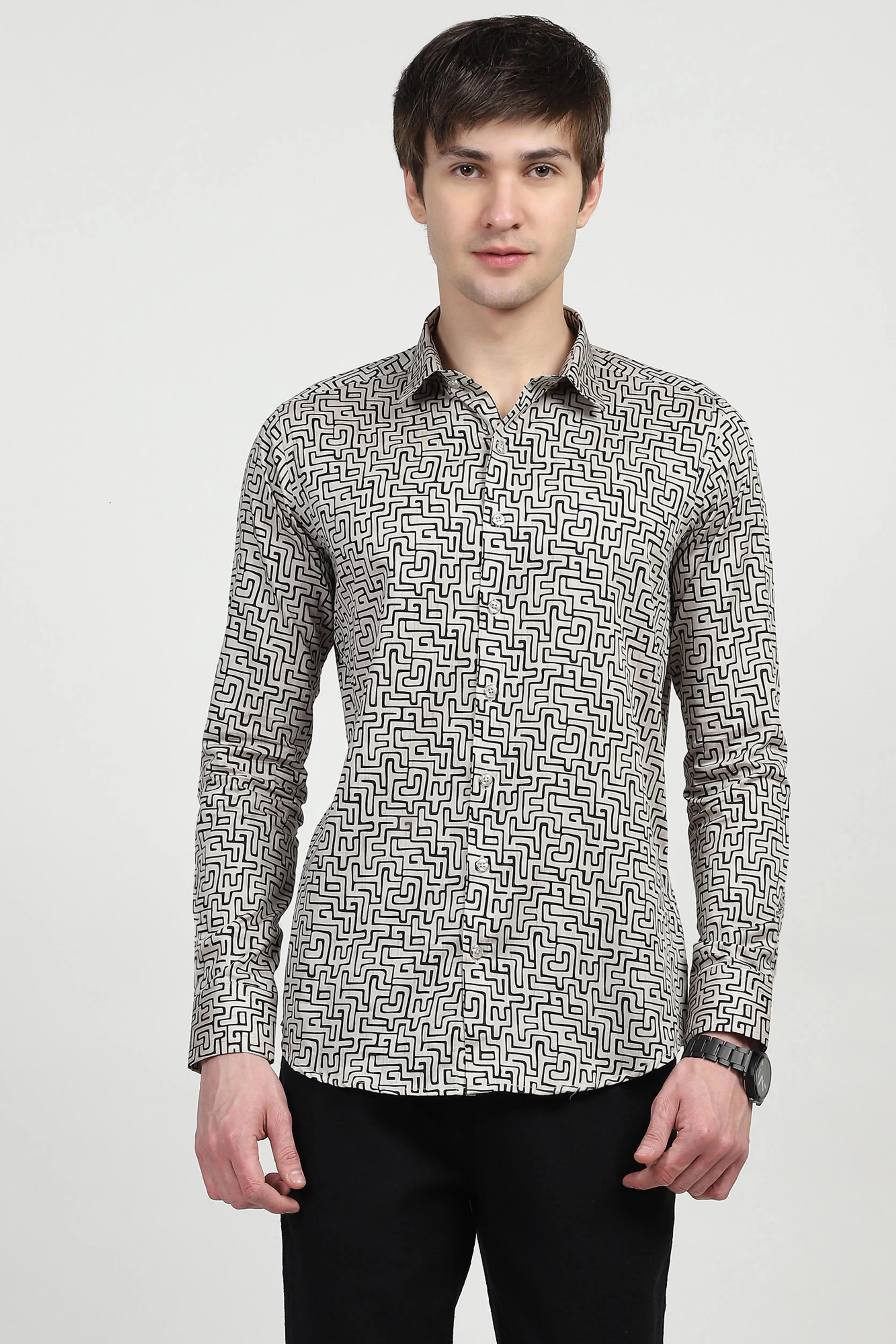 Beige Printed Cotton Shirt - Global Republic
