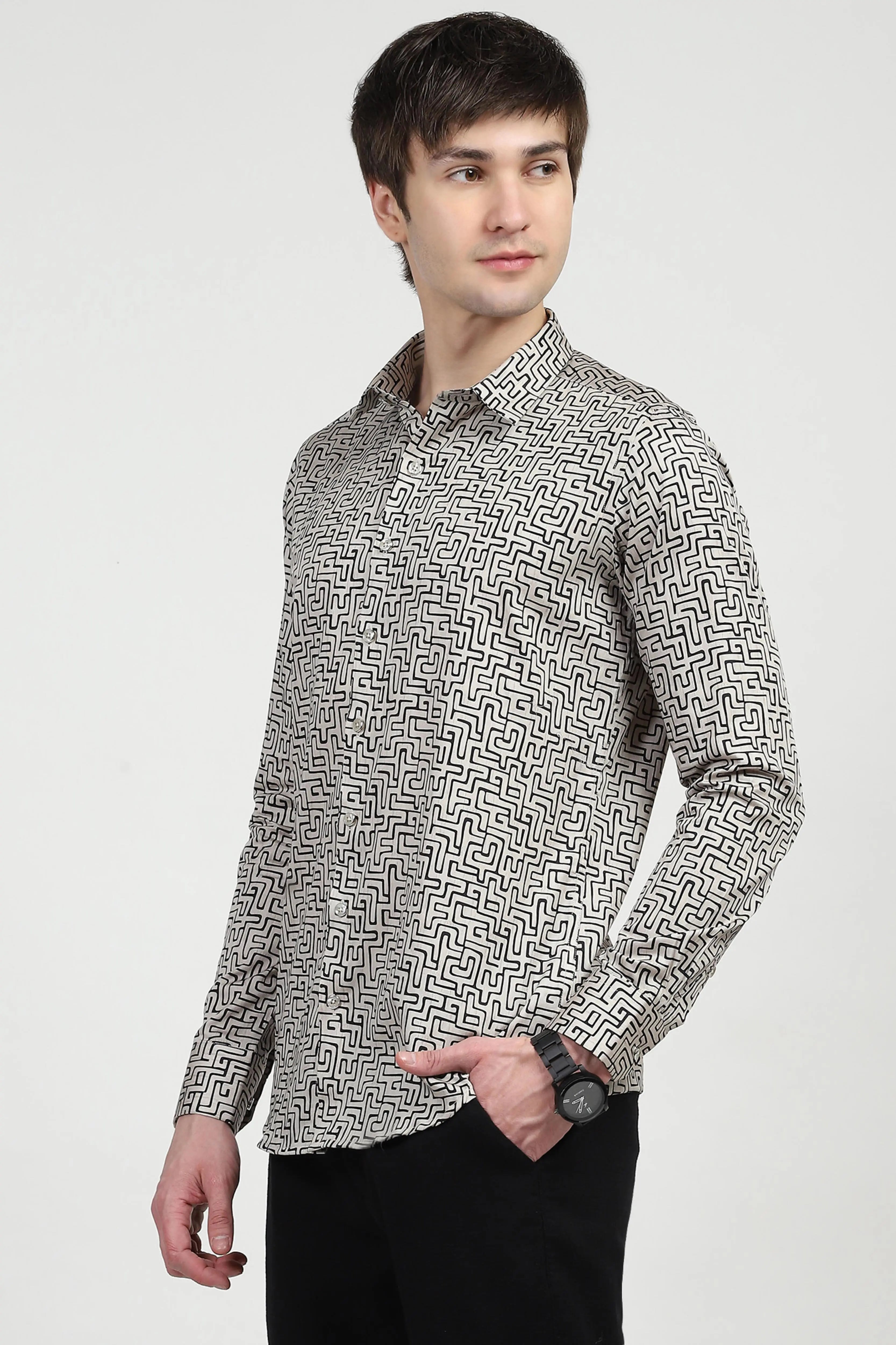 Beige Printed Cotton Shirt - Global Republic