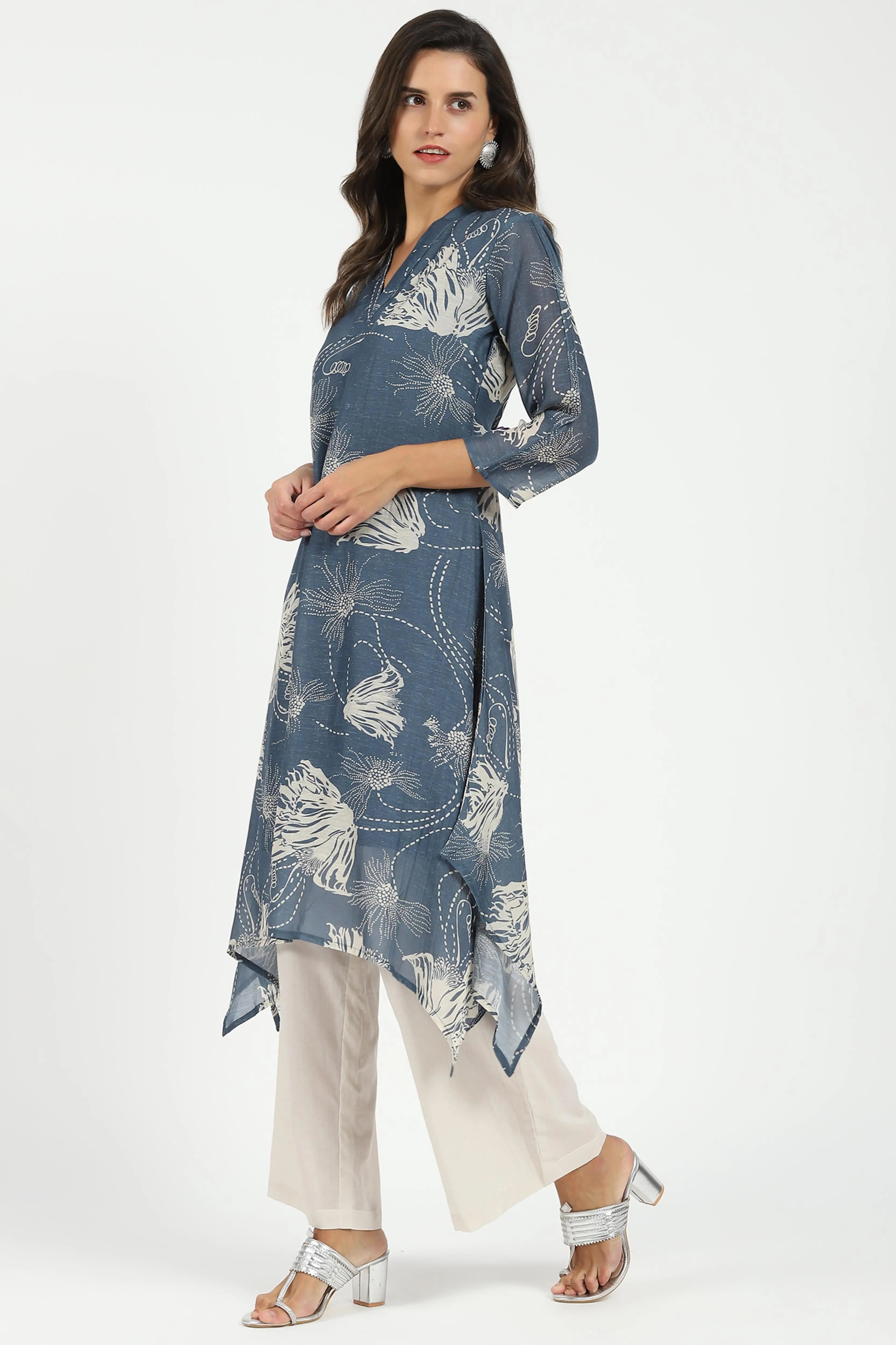 Grey Printed A-Line Kurta Set - Global Republic