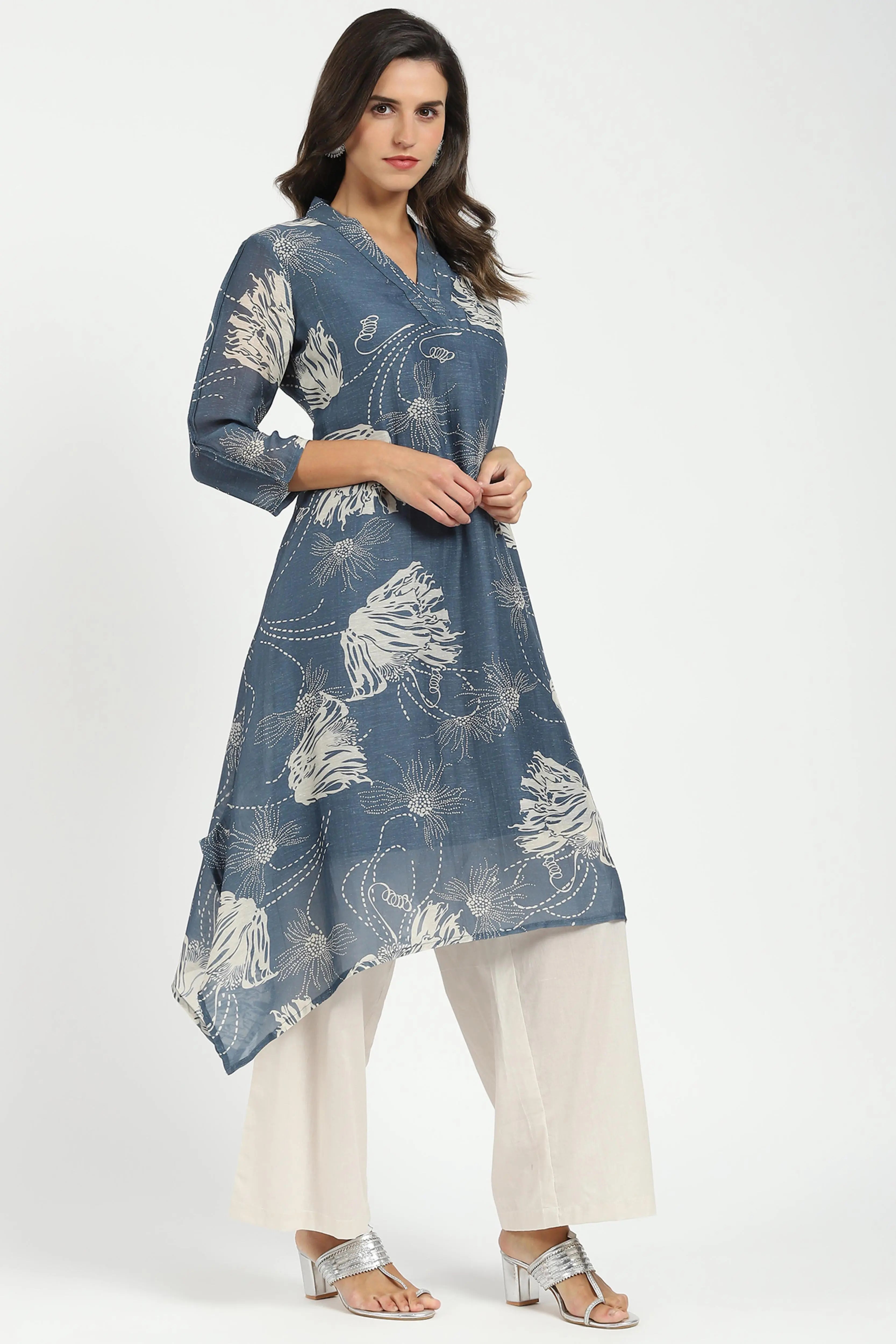 Grey Printed A-Line Kurta Set - Global Republic