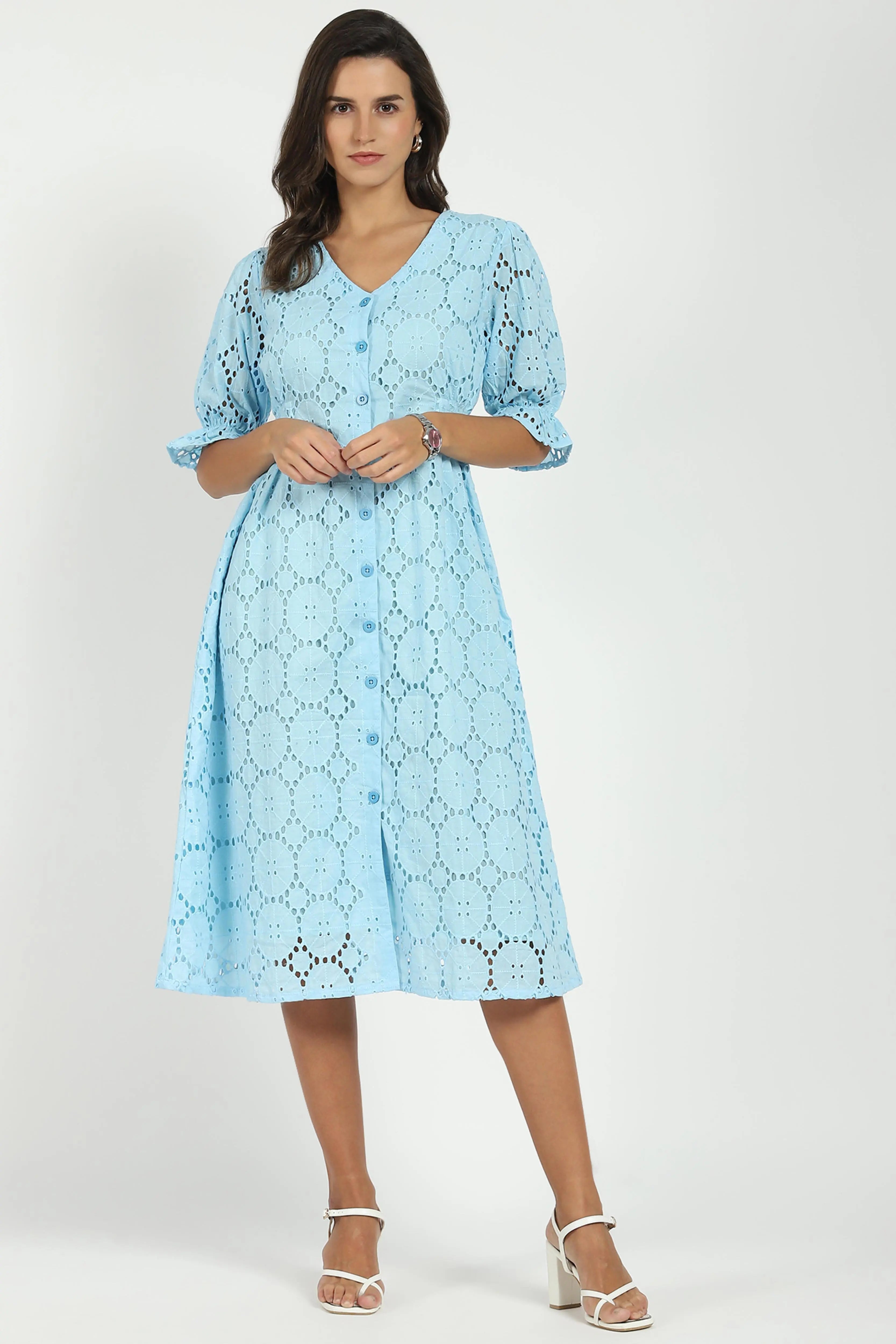 Sky Blue Embroidered Schiffli Dress - Global Republic