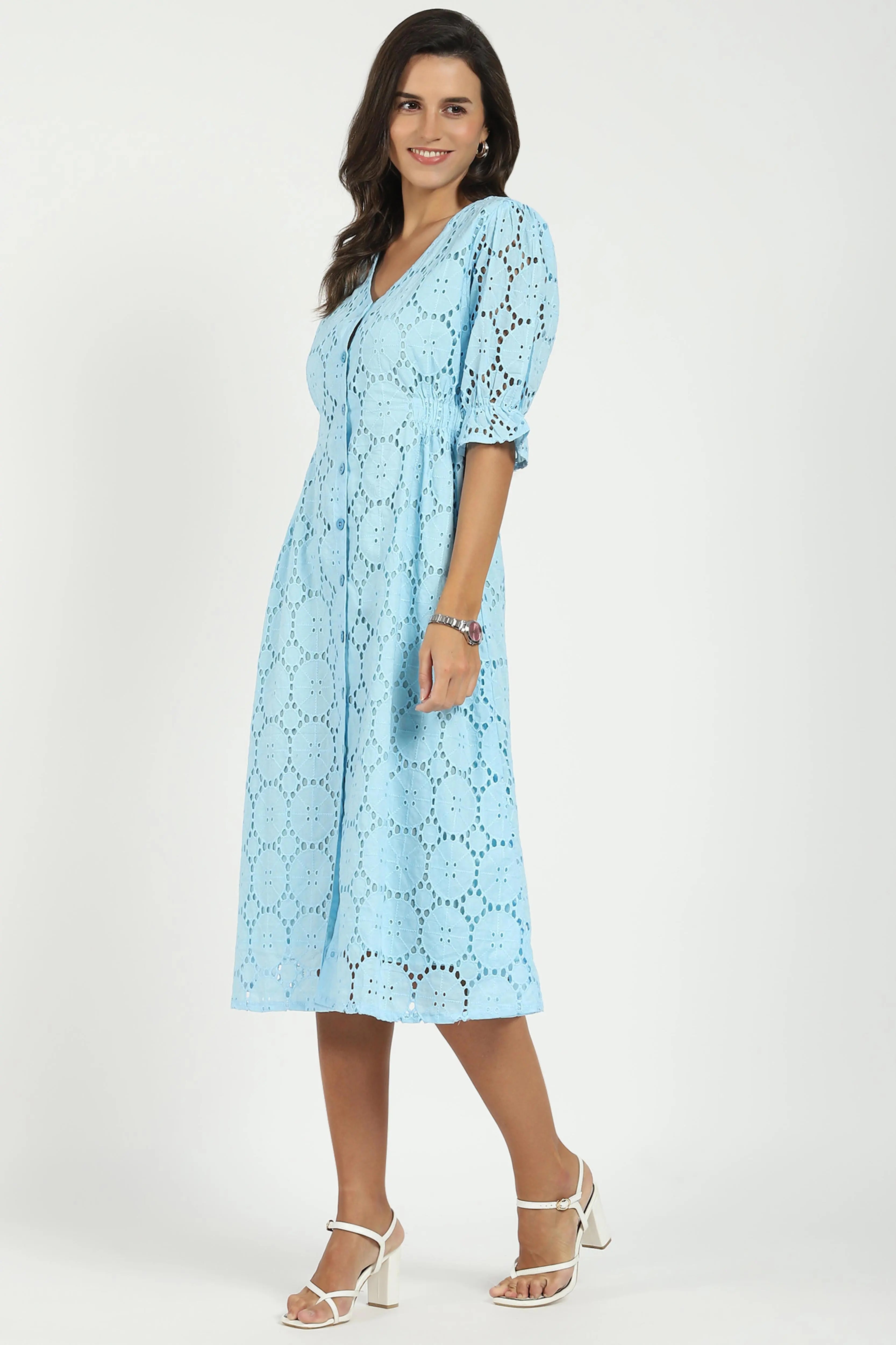Sky Blue Embroidered Schiffli Dress - Global Republic