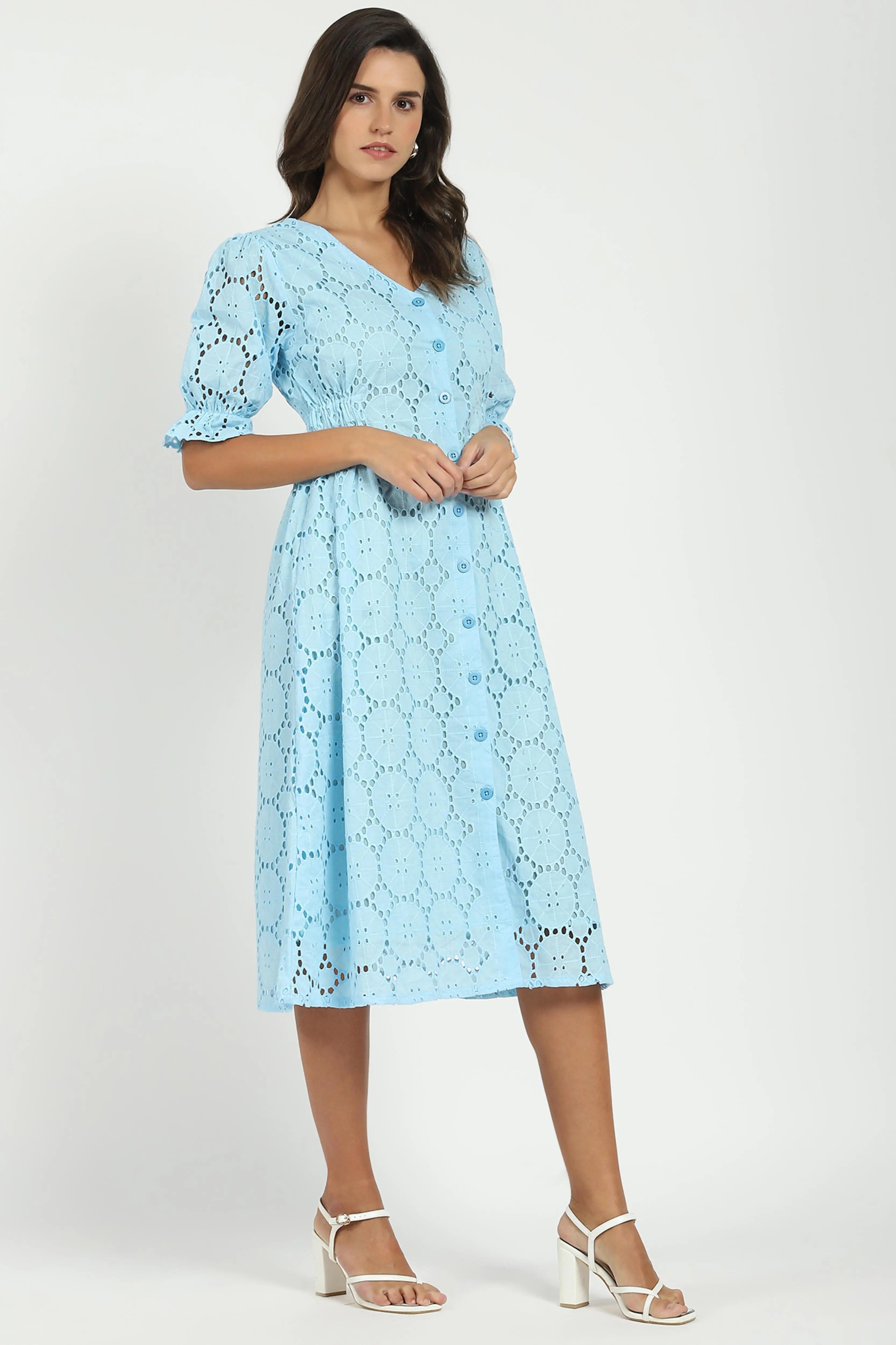 Sky Blue Embroidered Schiffli Dress - Global Republic