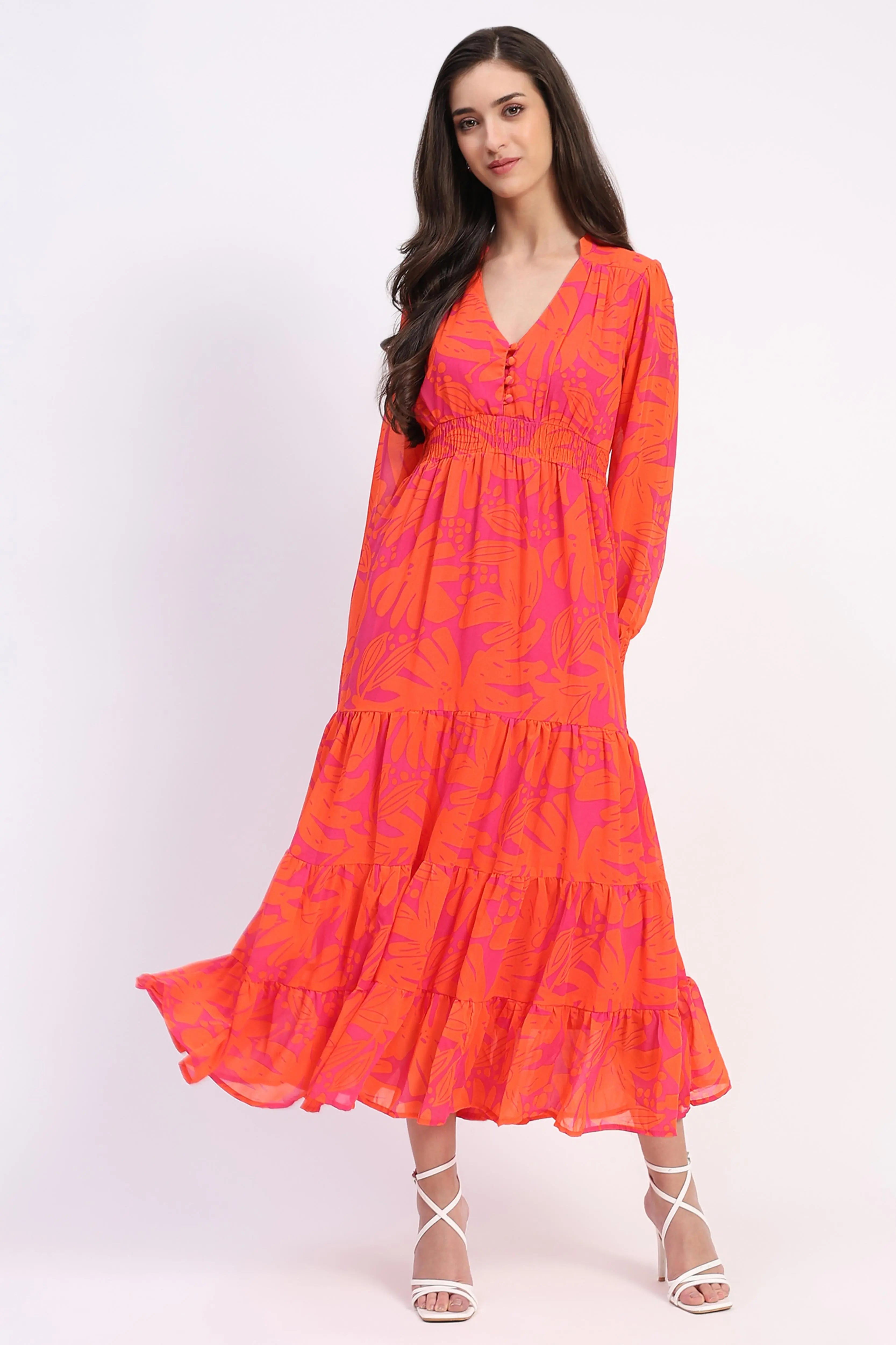 Orange Abstract Tiered Flared Dress - Global Republic