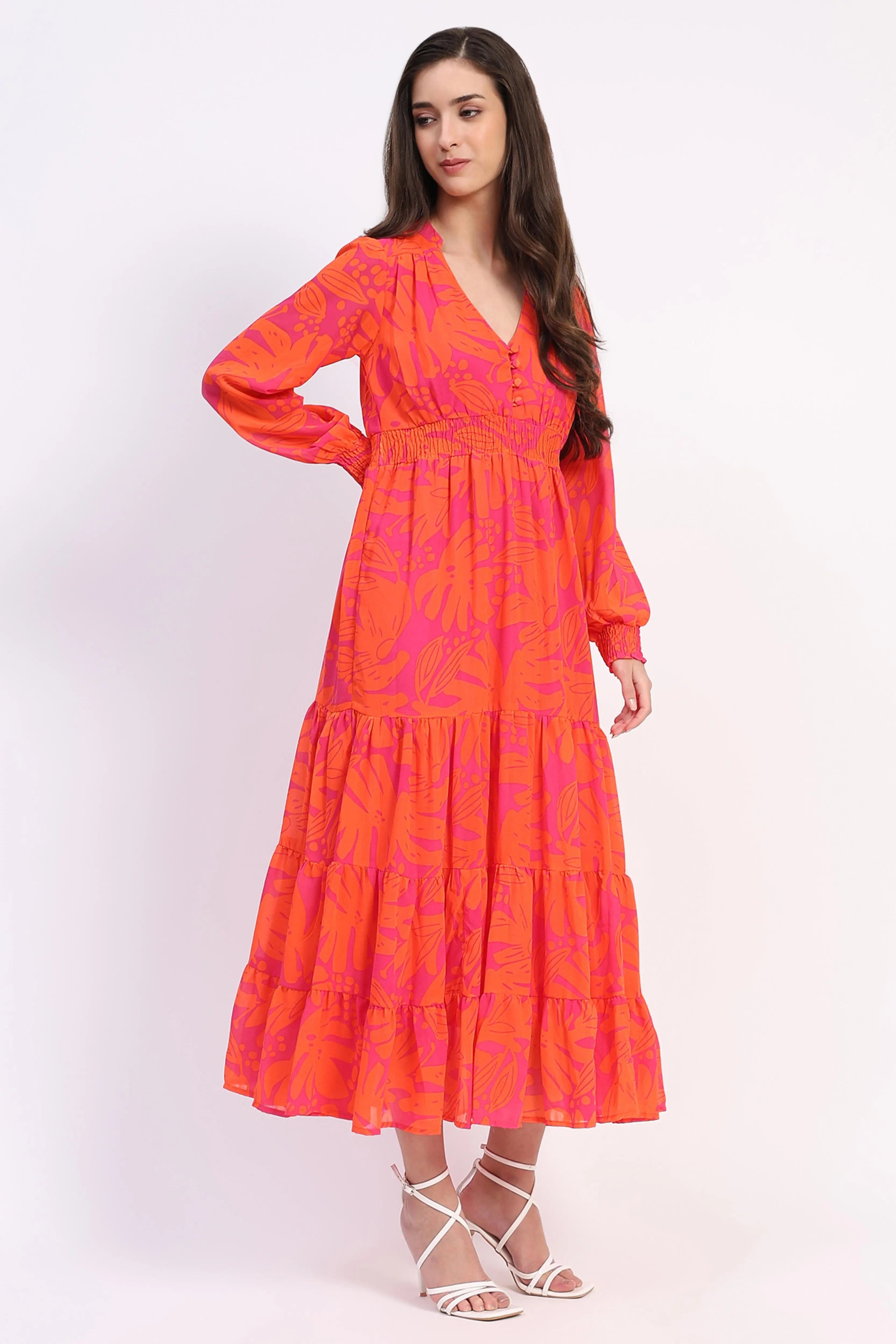 Orange Abstract Tiered Flared Dress - Global Republic