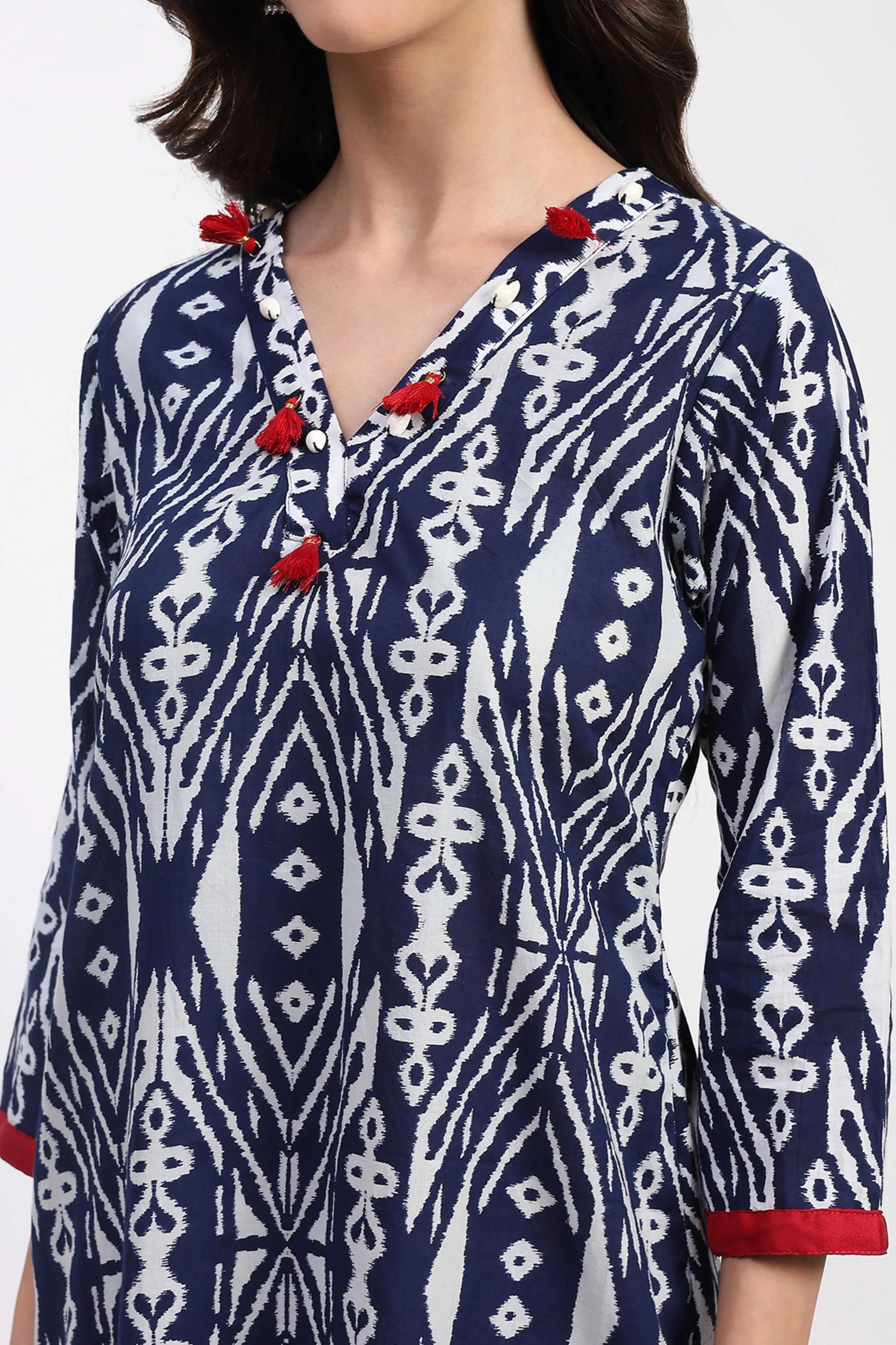 Indigo Cotton Printed Kurta - Global Republic