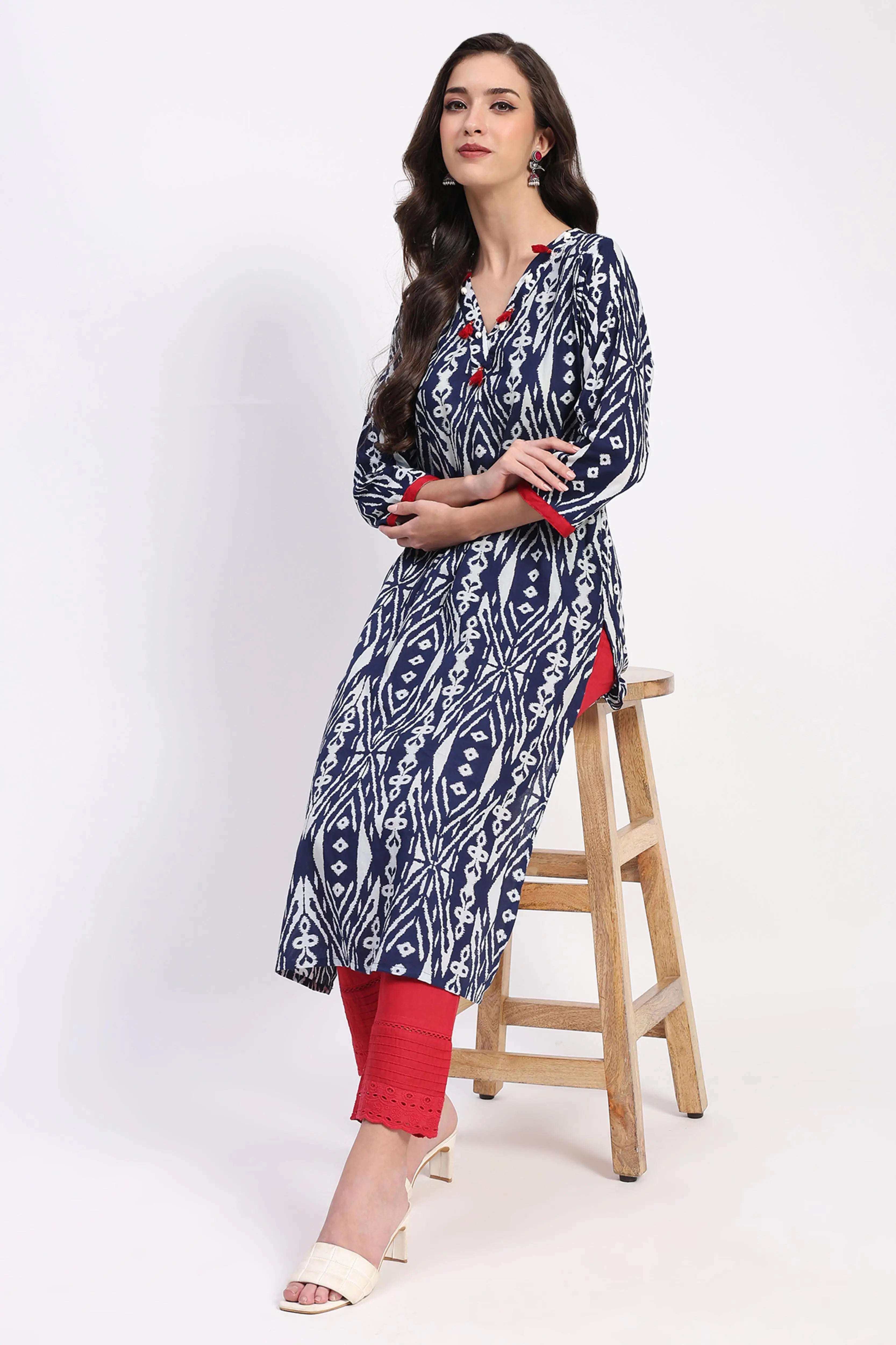 Indigo Cotton Printed Kurta - Global Republic