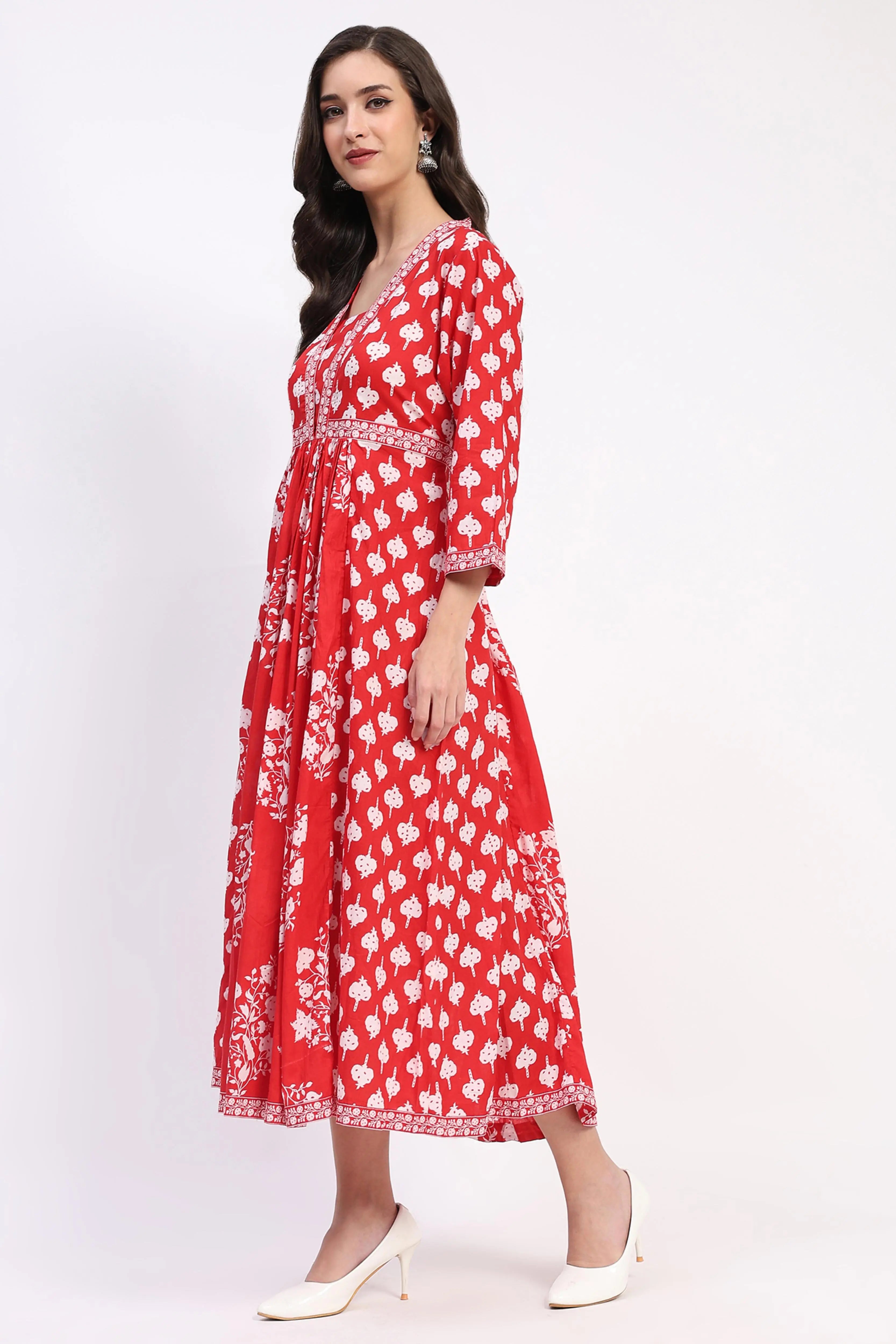 Red Floral Cotton Ethnic Dress - Global Republic
