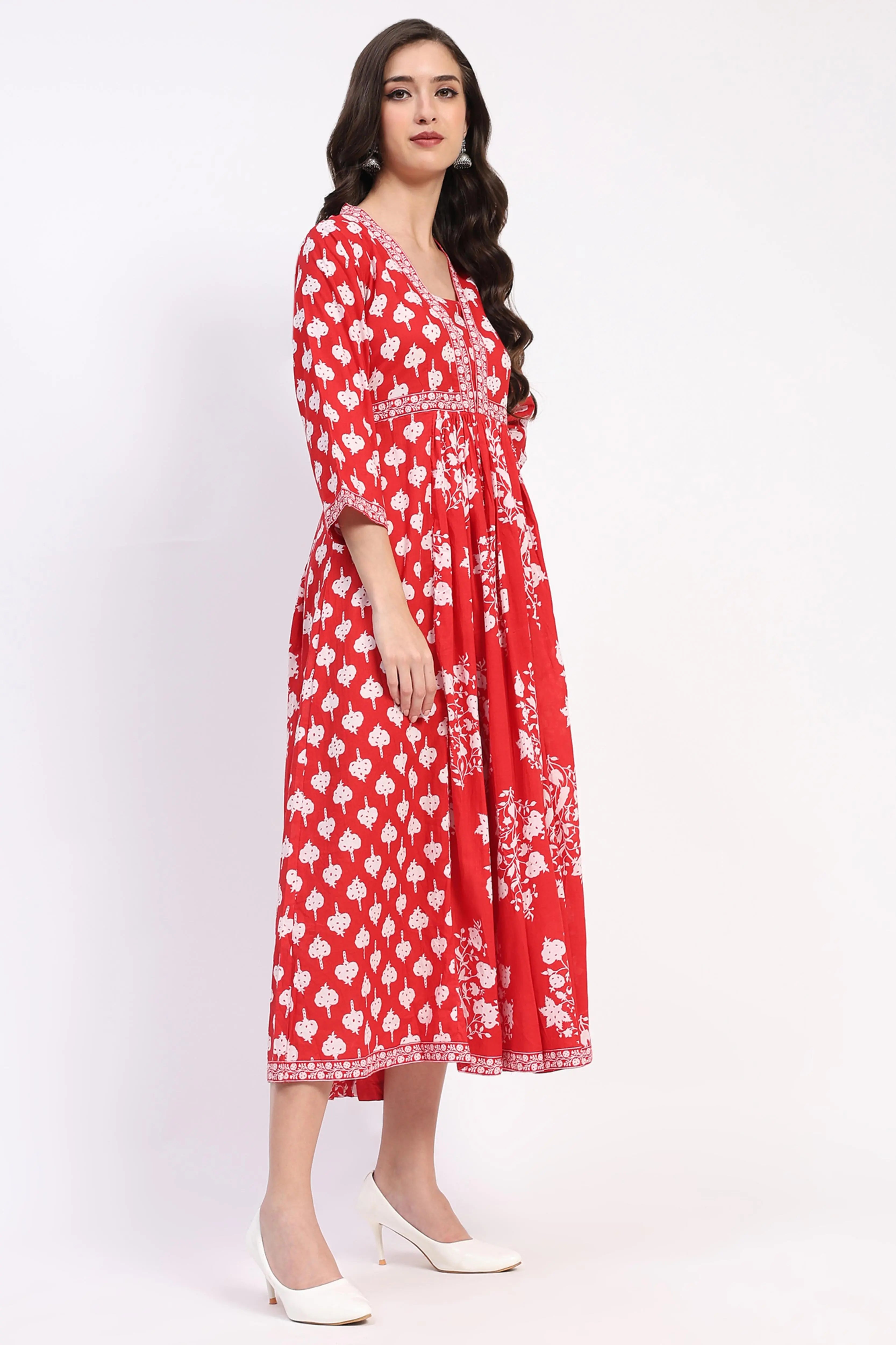Red Floral Cotton Ethnic Dress - Global Republic