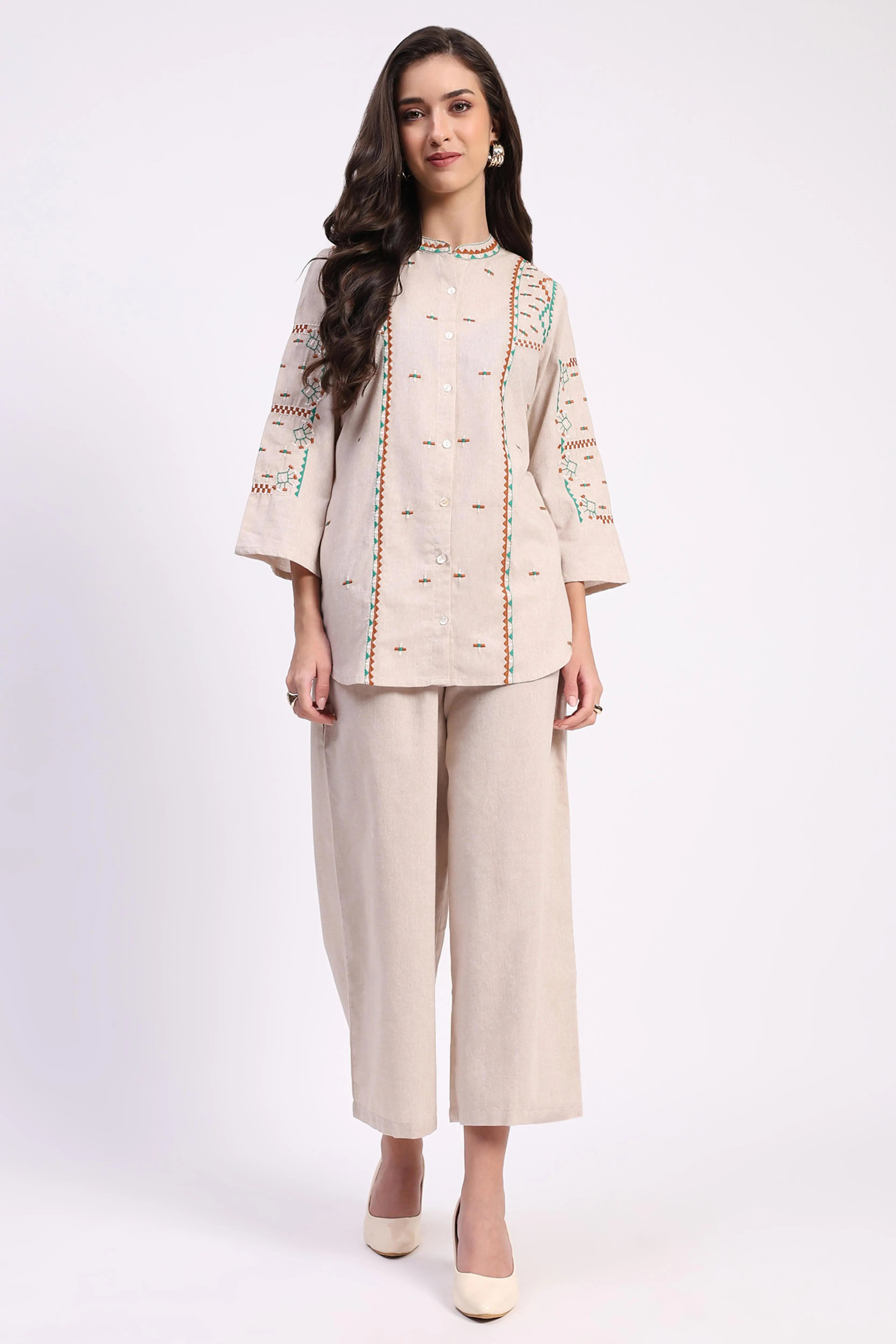 Beige Cotton Embroidered Tunic Set - Global Republic