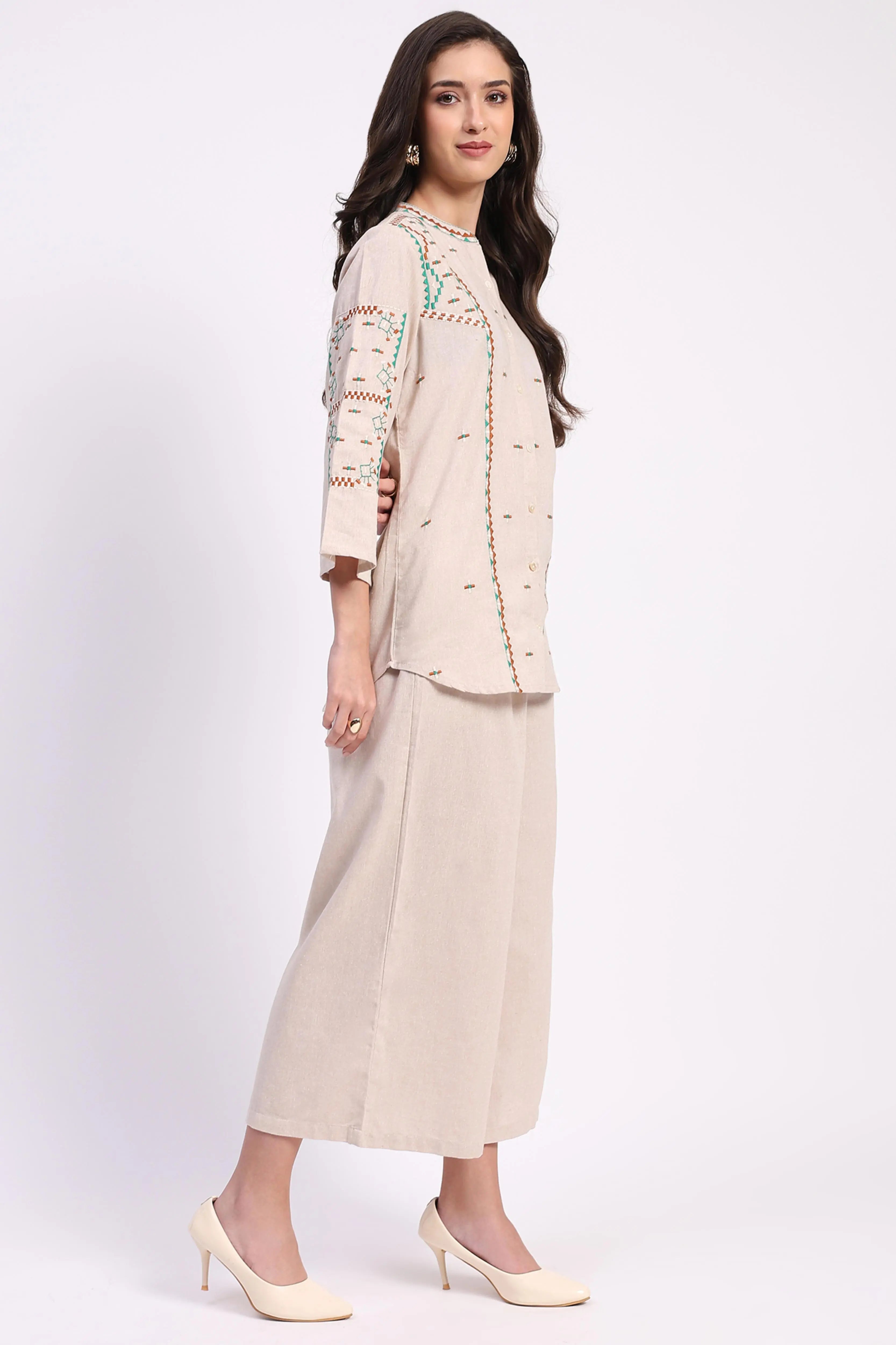 Beige Cotton Embroidered Tunic Set - Global Republic