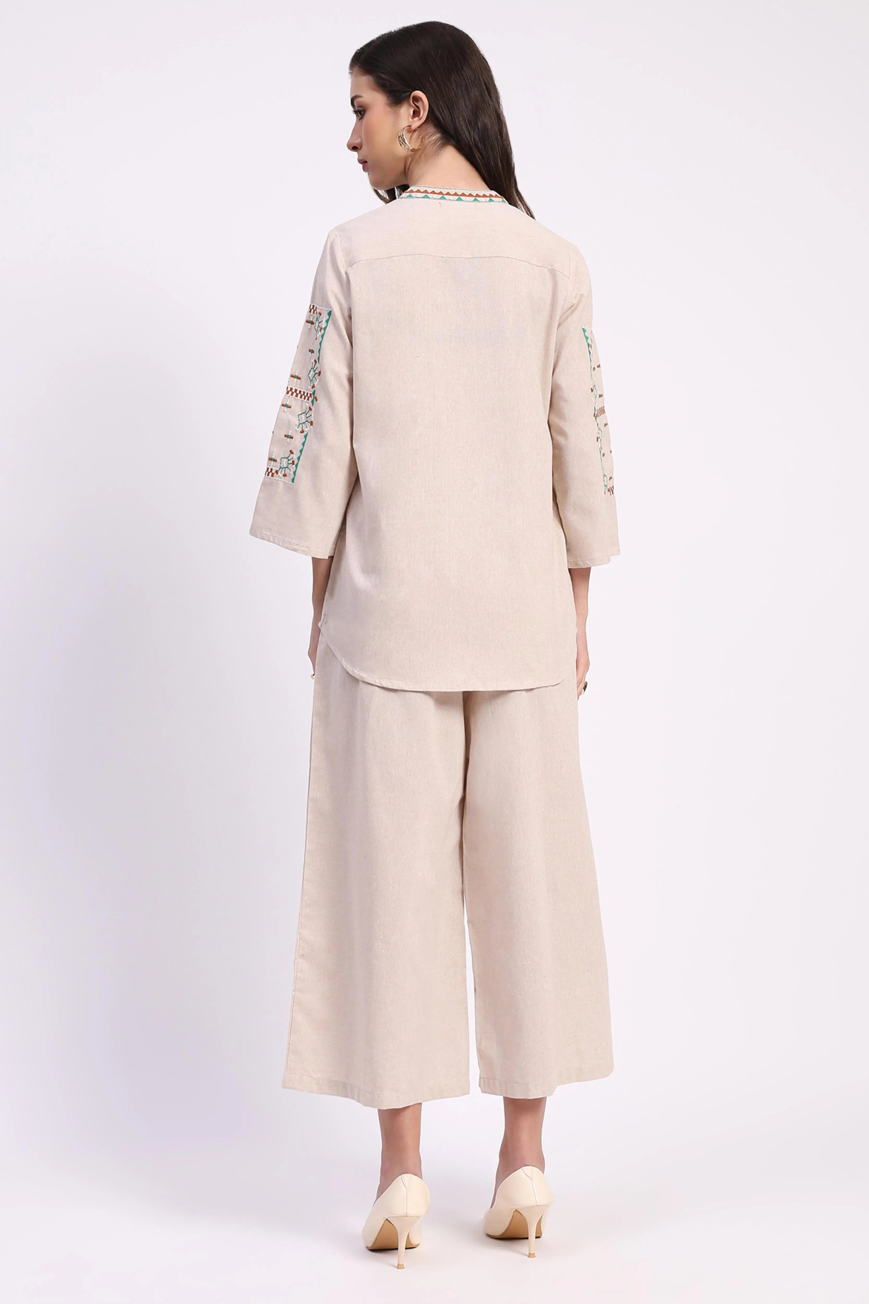 Beige Cotton Embroidered Tunic Set - Global Republic