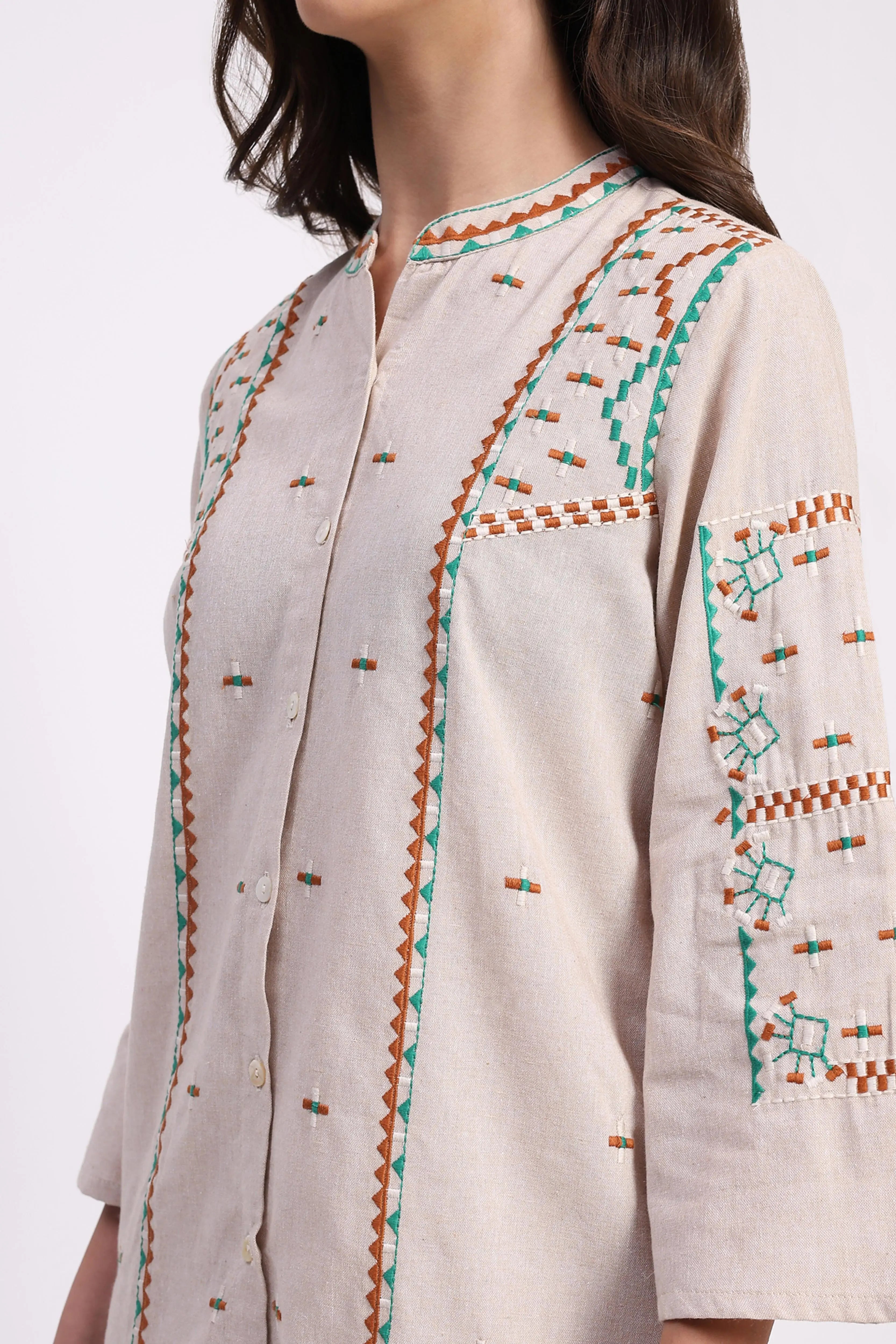 Beige Cotton Embroidered Tunic Set - Global Republic