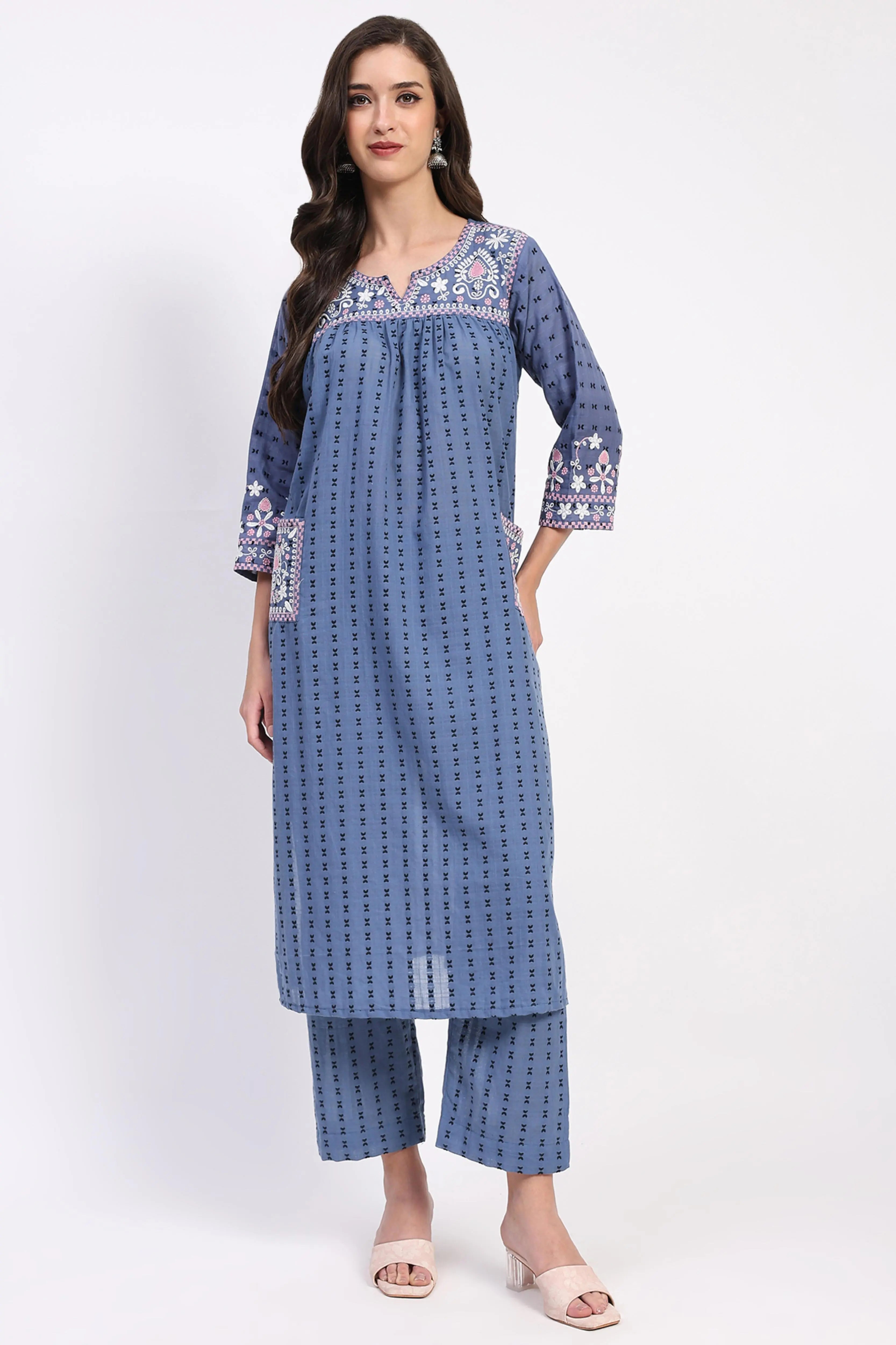 Blue Cotton Dobby Embroidered Kurta Set - Global Republic