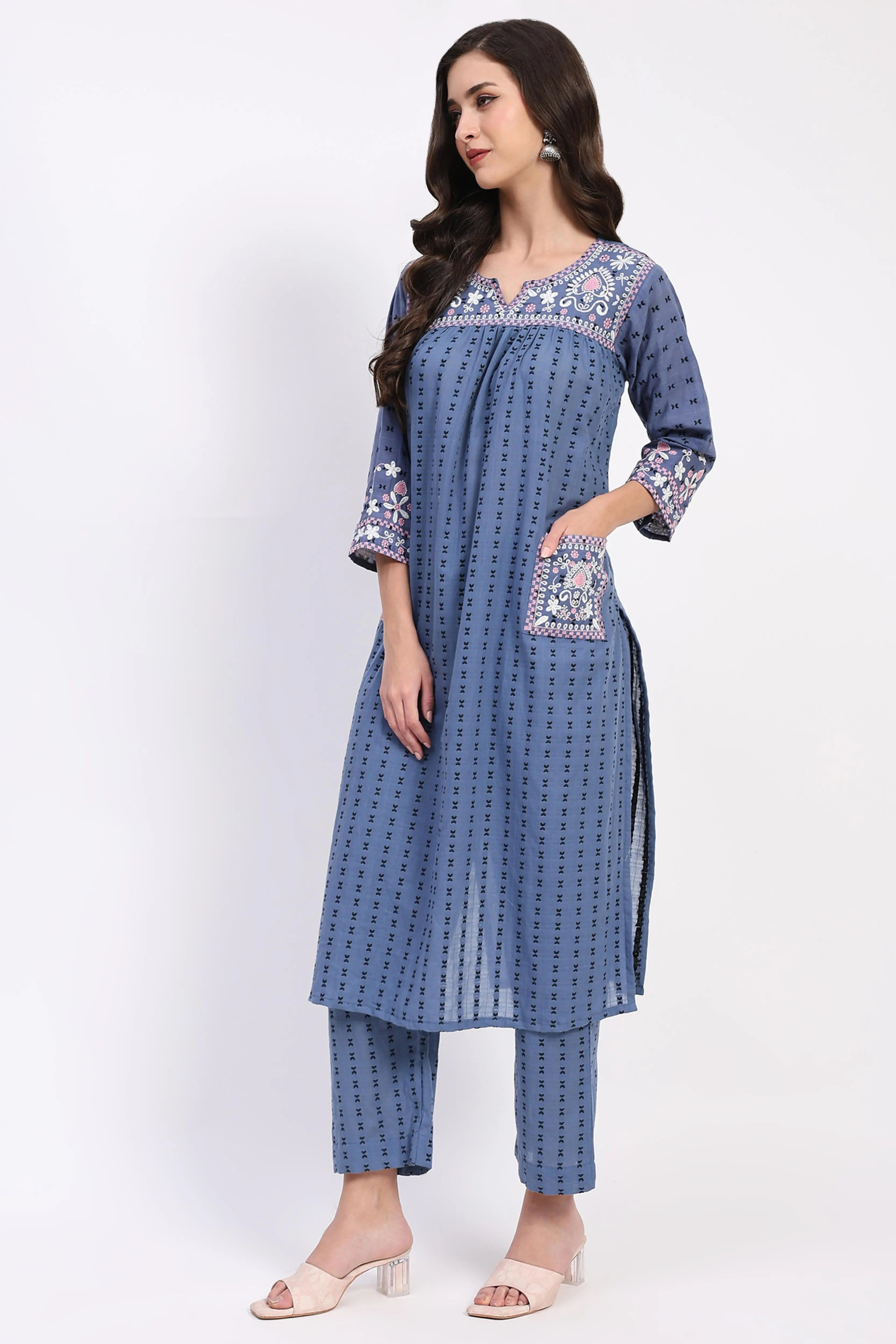 Blue Cotton Dobby Embroidered Kurta Set - Global Republic