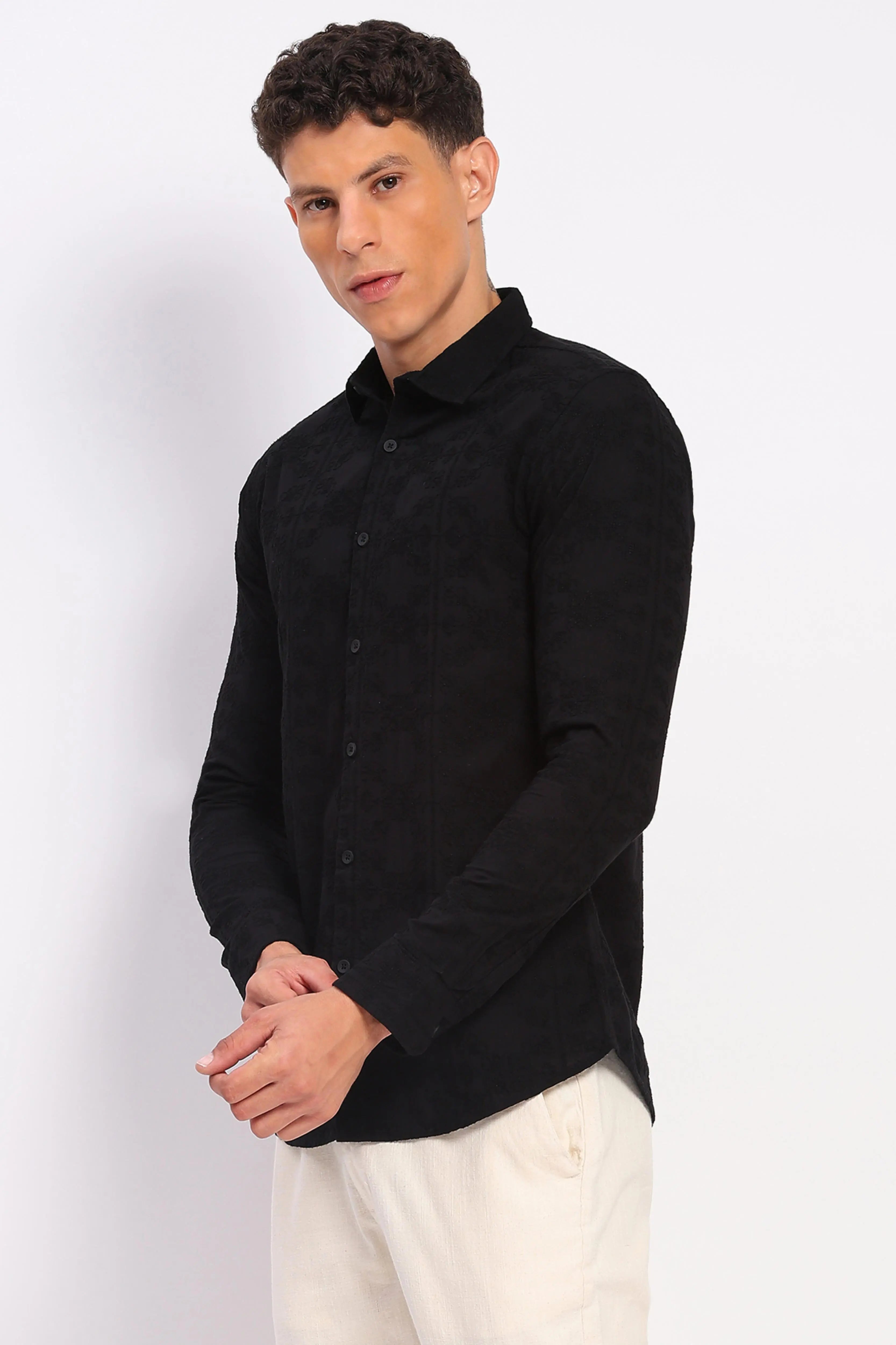 Black Cotton Embroidered Shirt - Global Republic