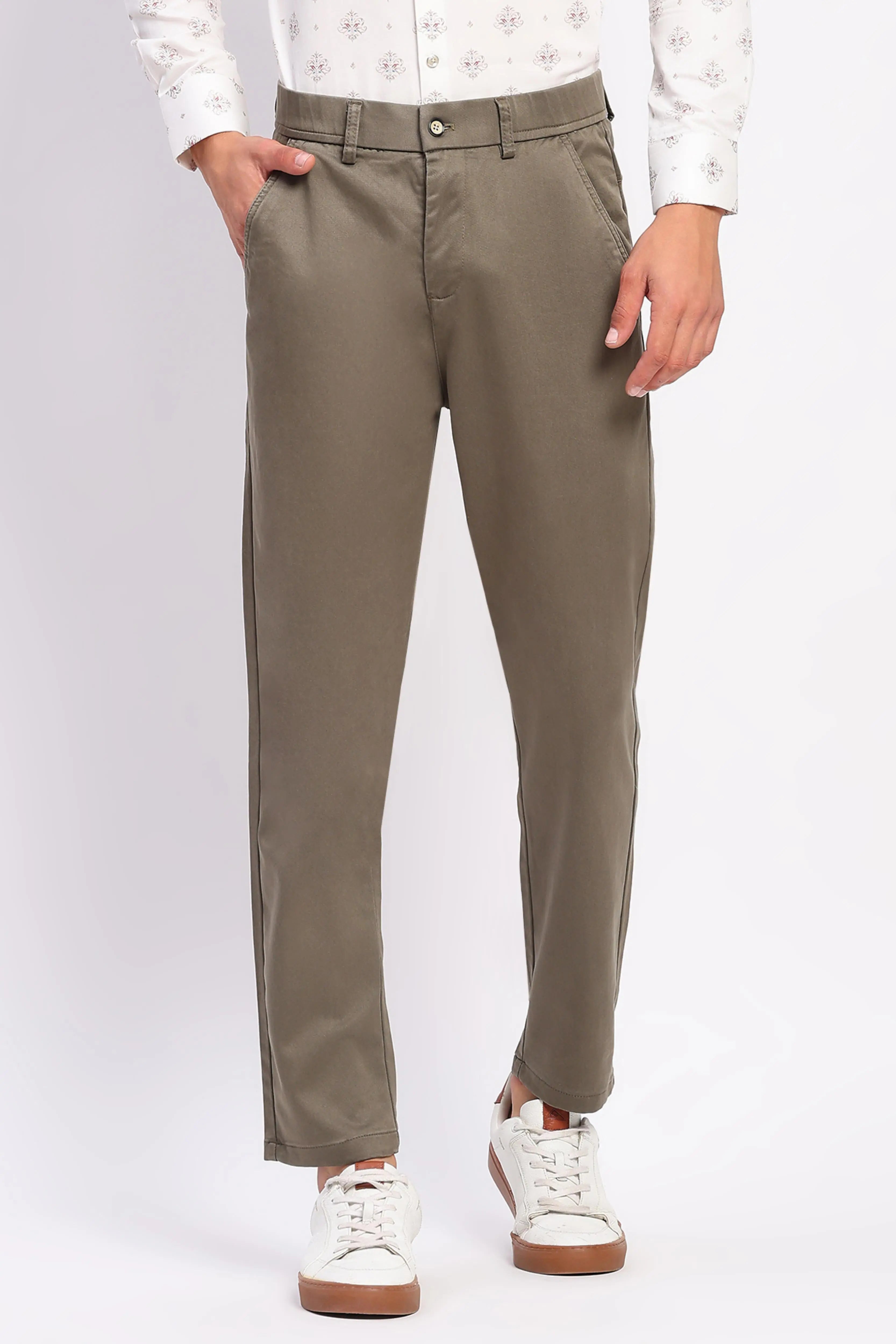 Sand Brown Stretch Straight Fit Trousers - Global Republic