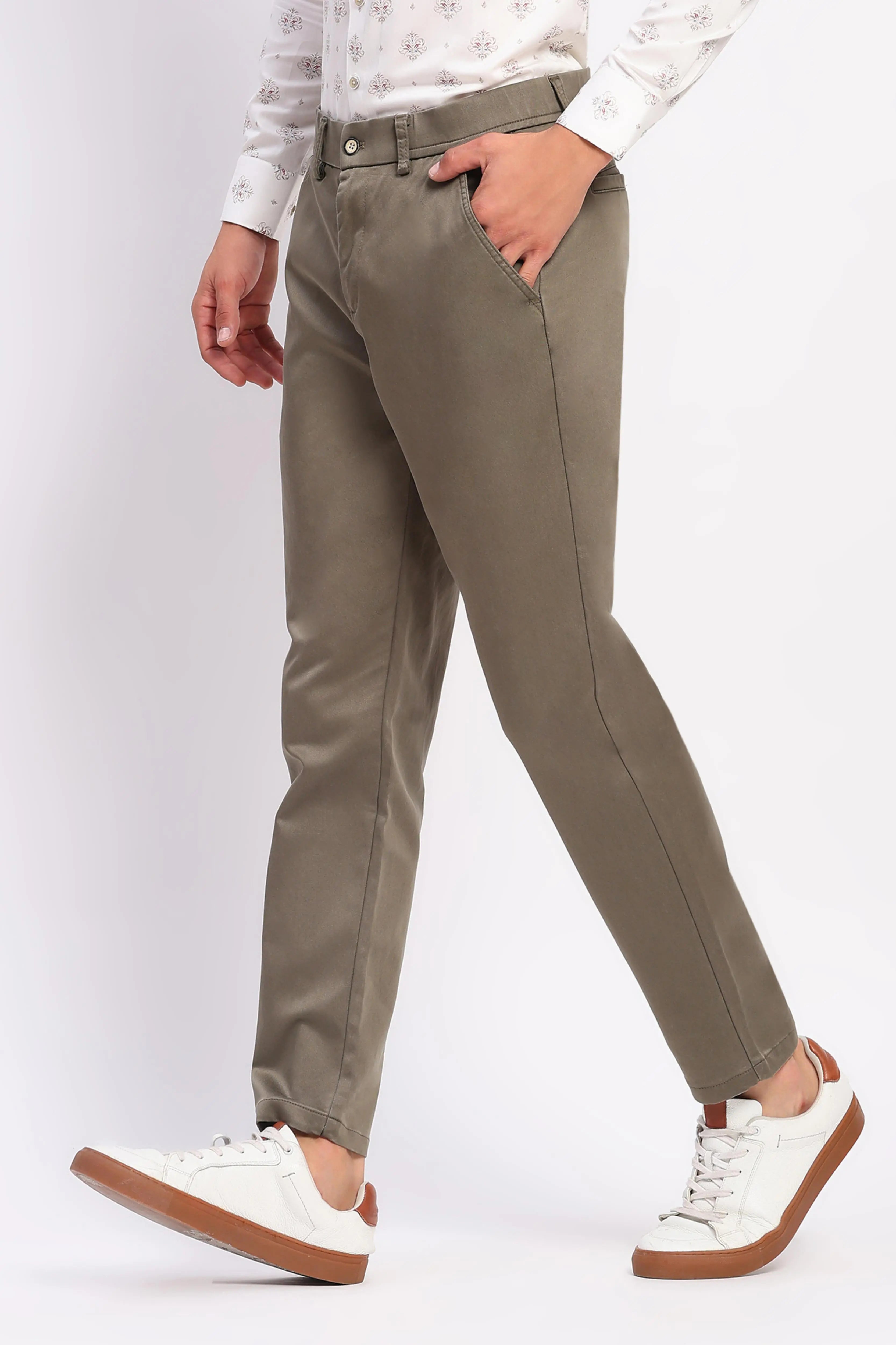Sand Brown Stretch Straight Fit Trousers - Global Republic