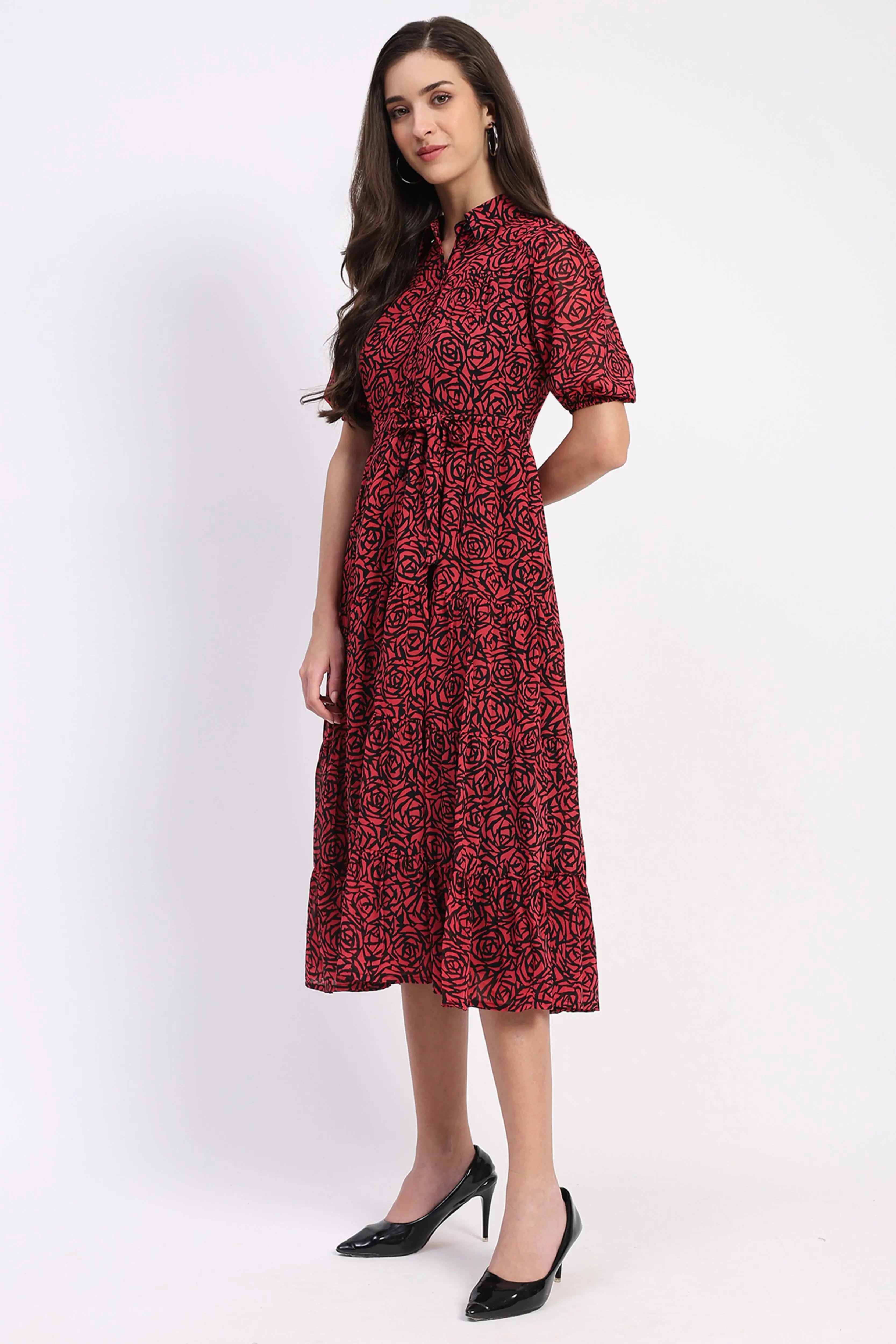 Red & Black Floral Tiered Dress - Global Republic