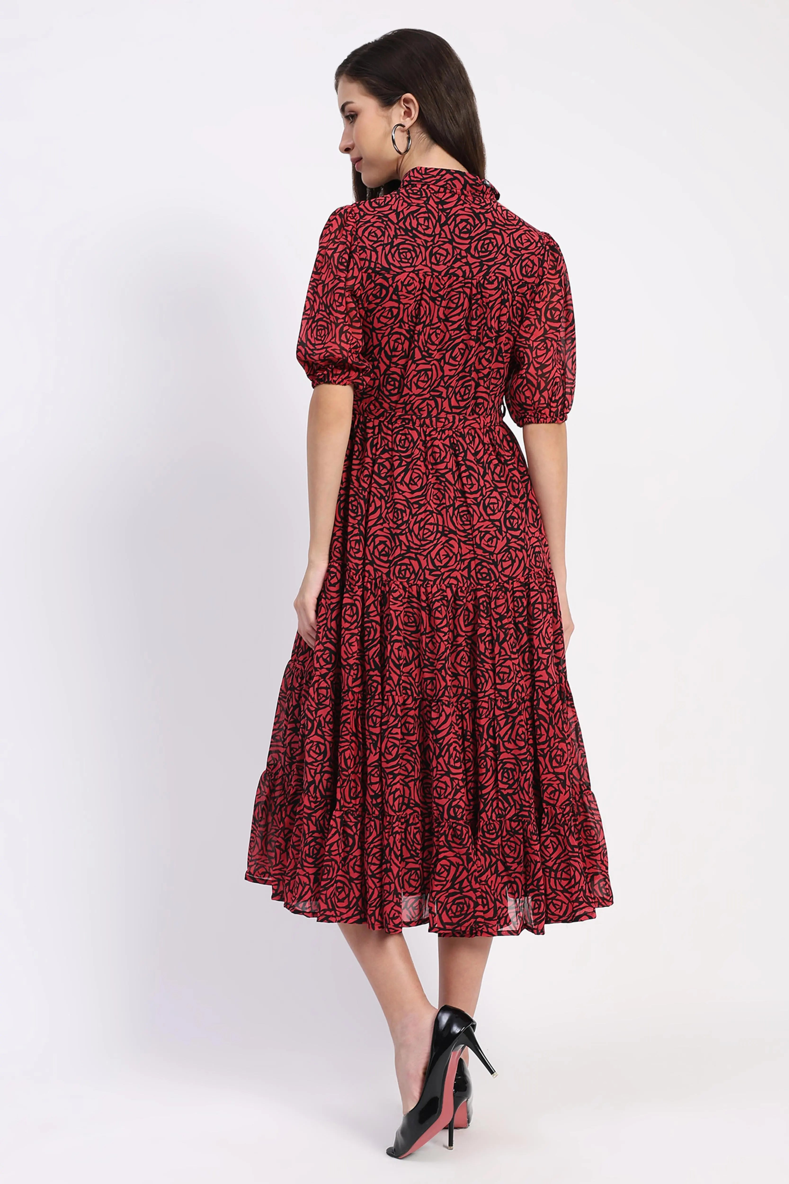 Red & Black Floral Tiered Dress - Global Republic