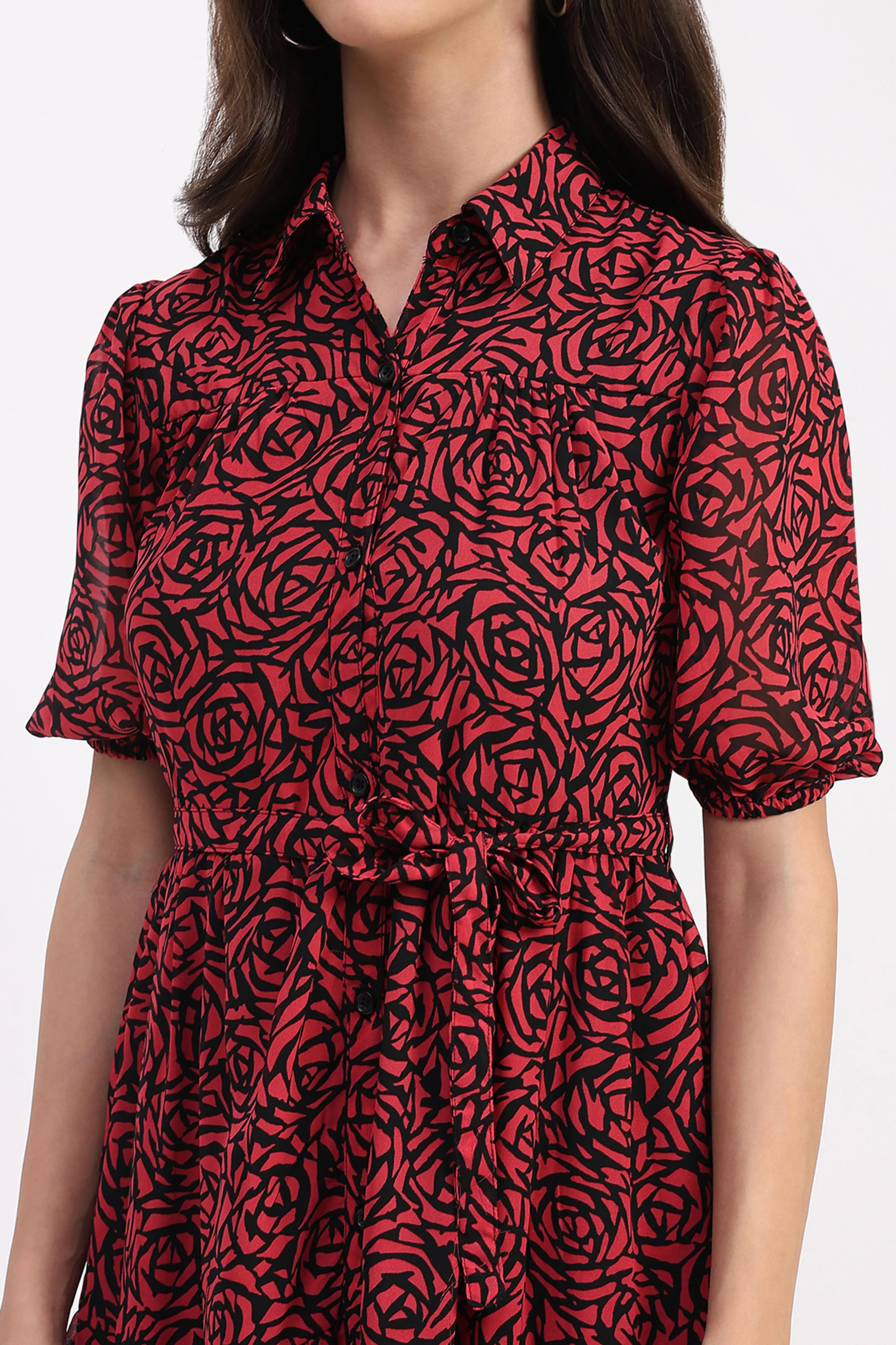 Red & Black Floral Tiered Dress - Global Republic