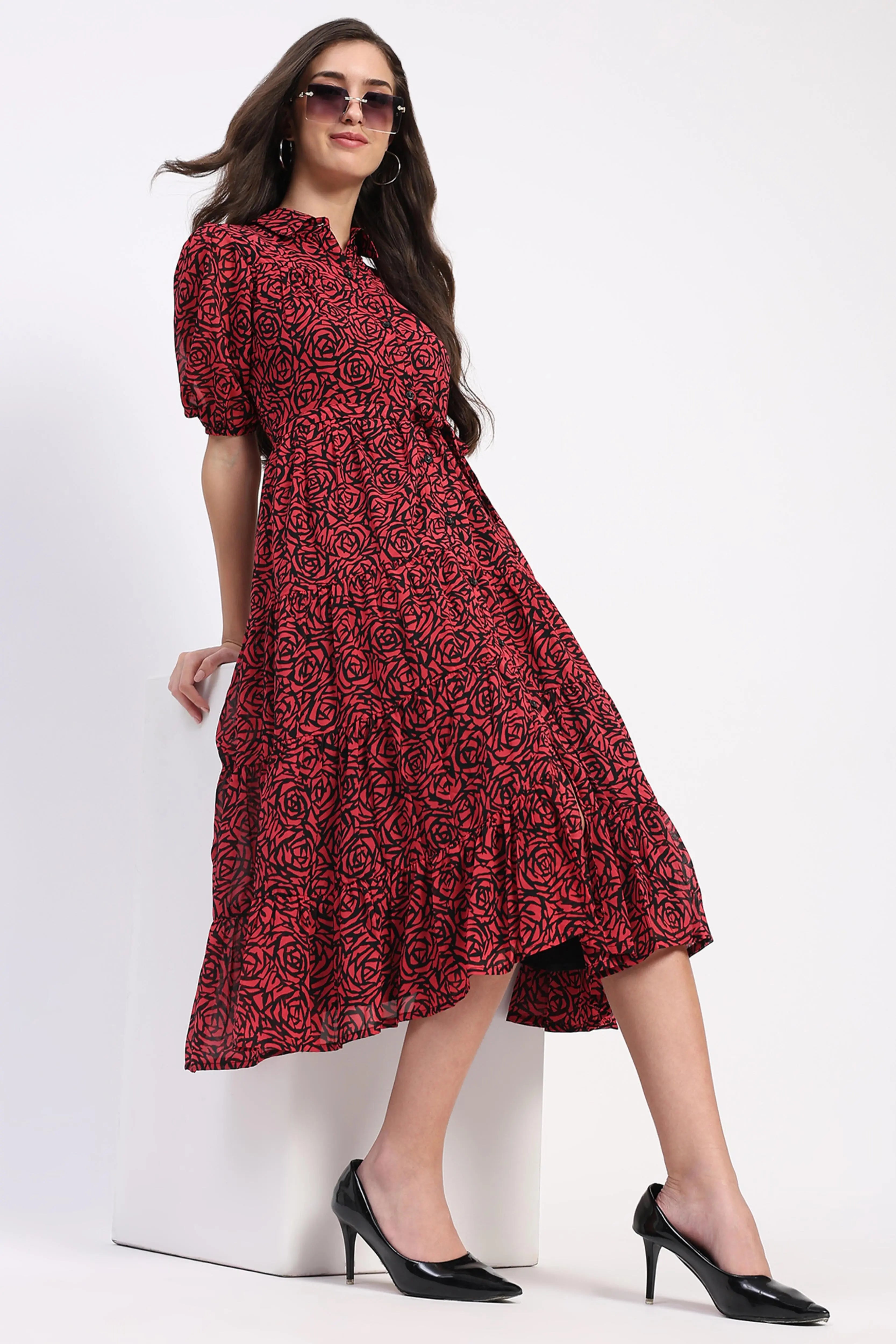 Red & Black Floral Tiered Dress - Global Republic