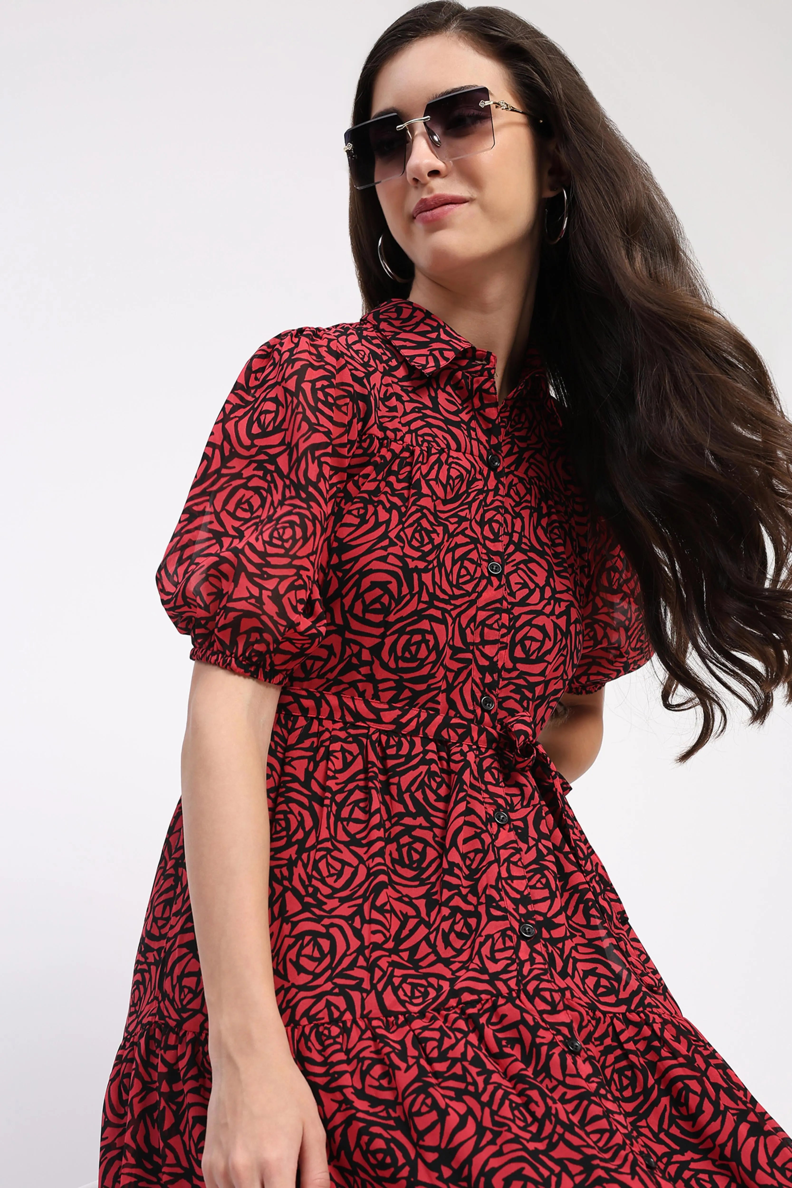 Red & Black Floral Tiered Dress - Global Republic