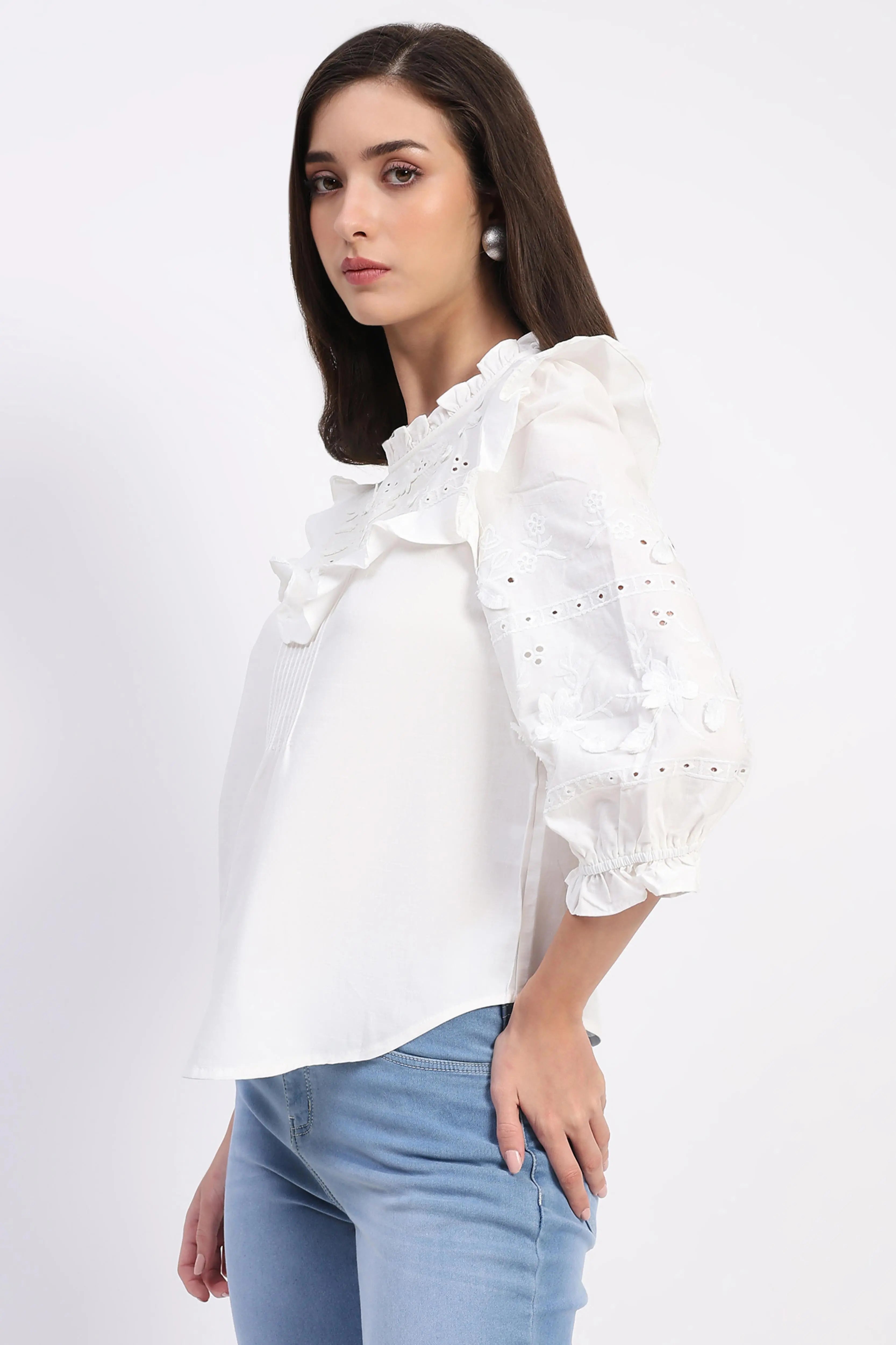 White Embroidered Cotton Blouson Top - Global Republic