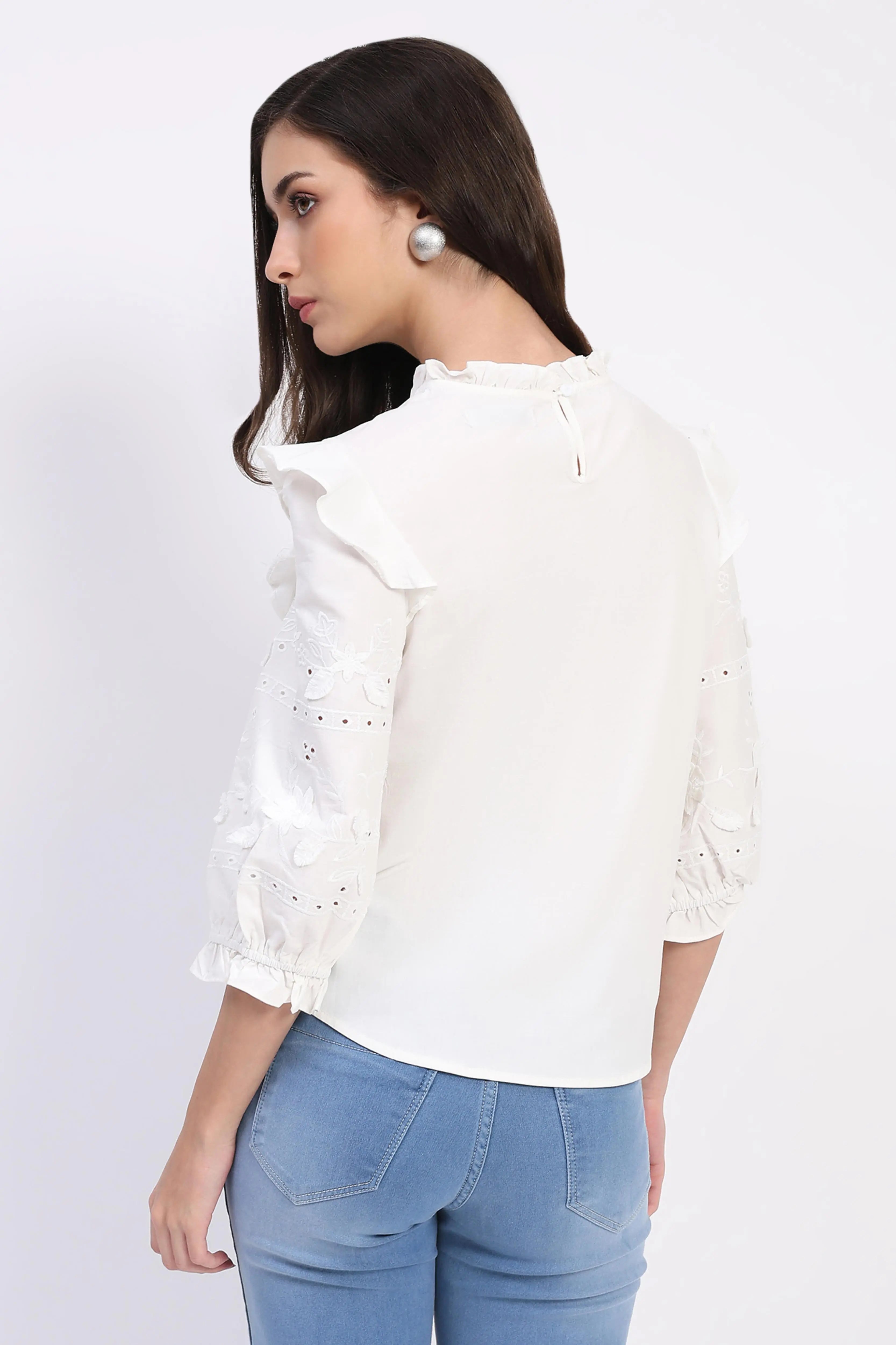 White Embroidered Cotton Blouson Top - Global Republic