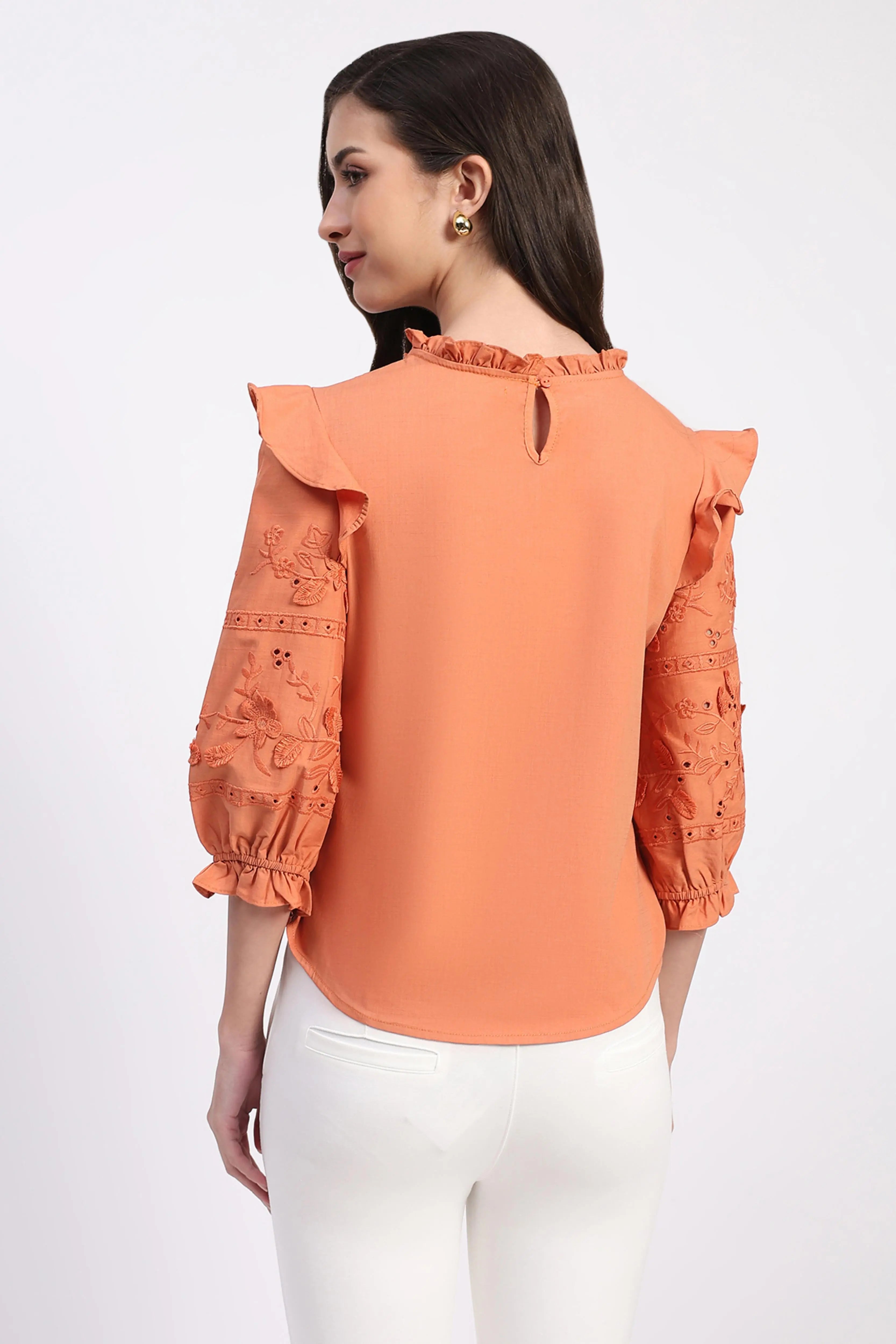 Rust Embroidered Cotton Blouson Top - Global Republic