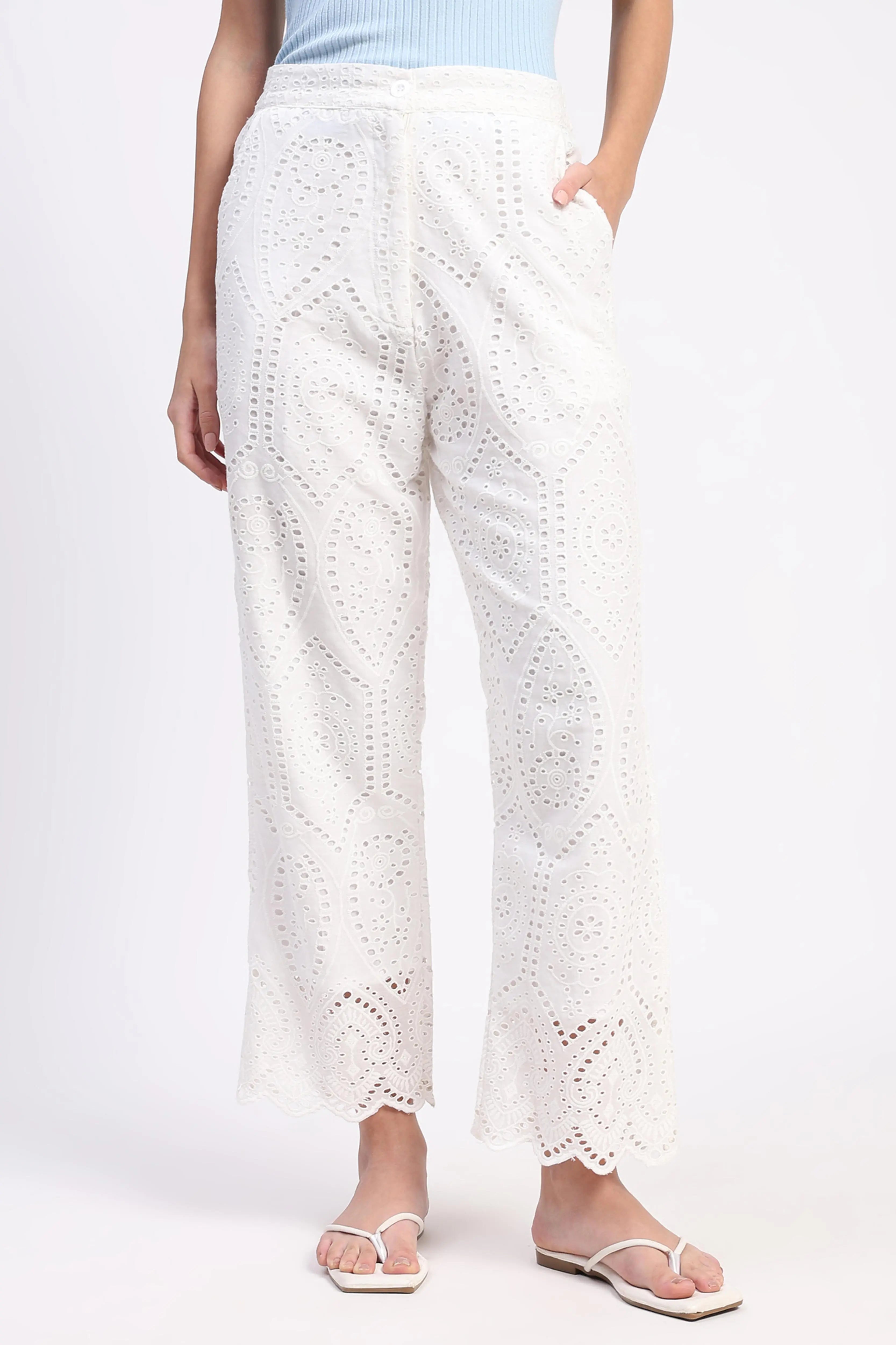 Cream Embroidered Schiffli Trouser - Global Republic