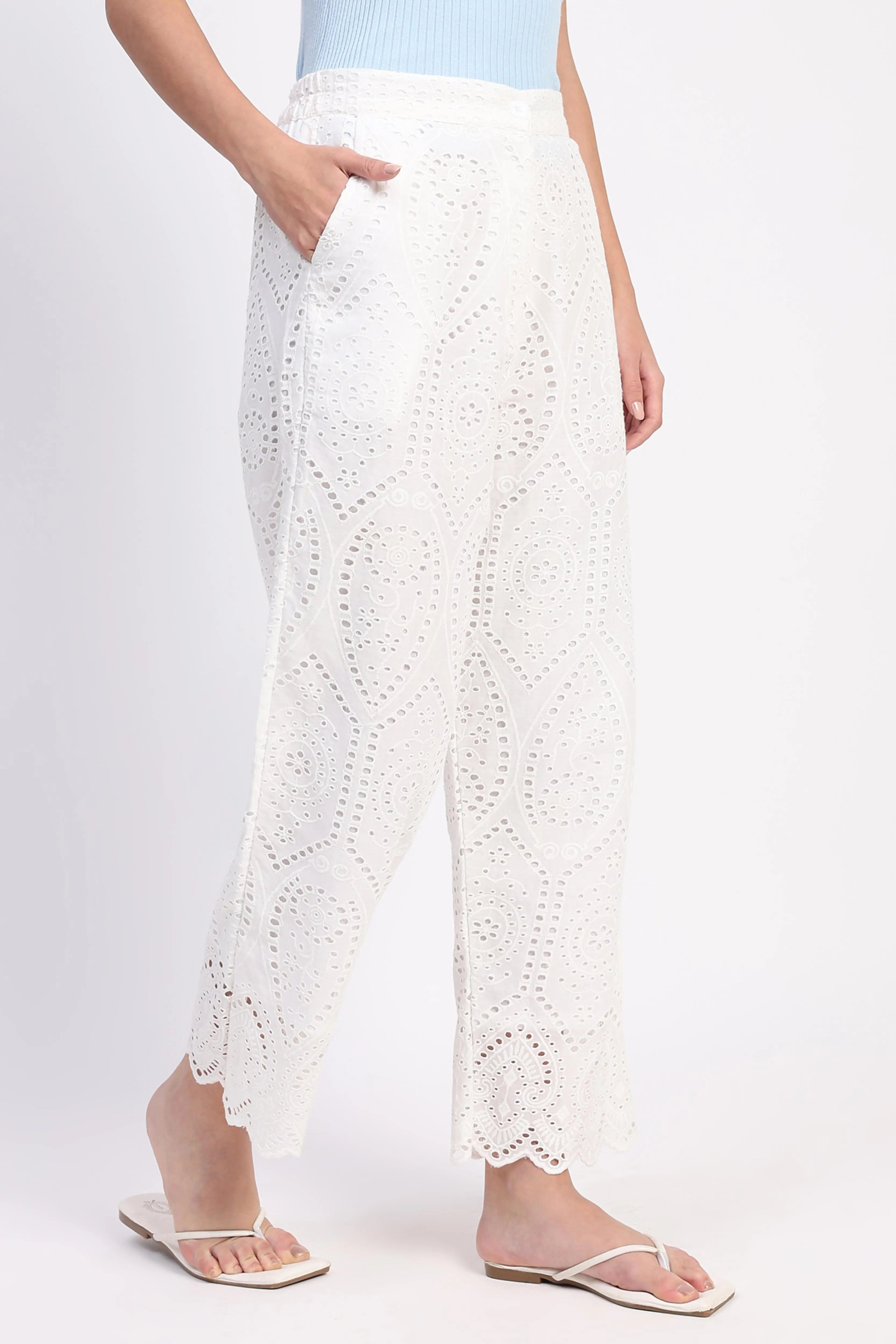 Cream Embroidered Schiffli Trouser - Global Republic