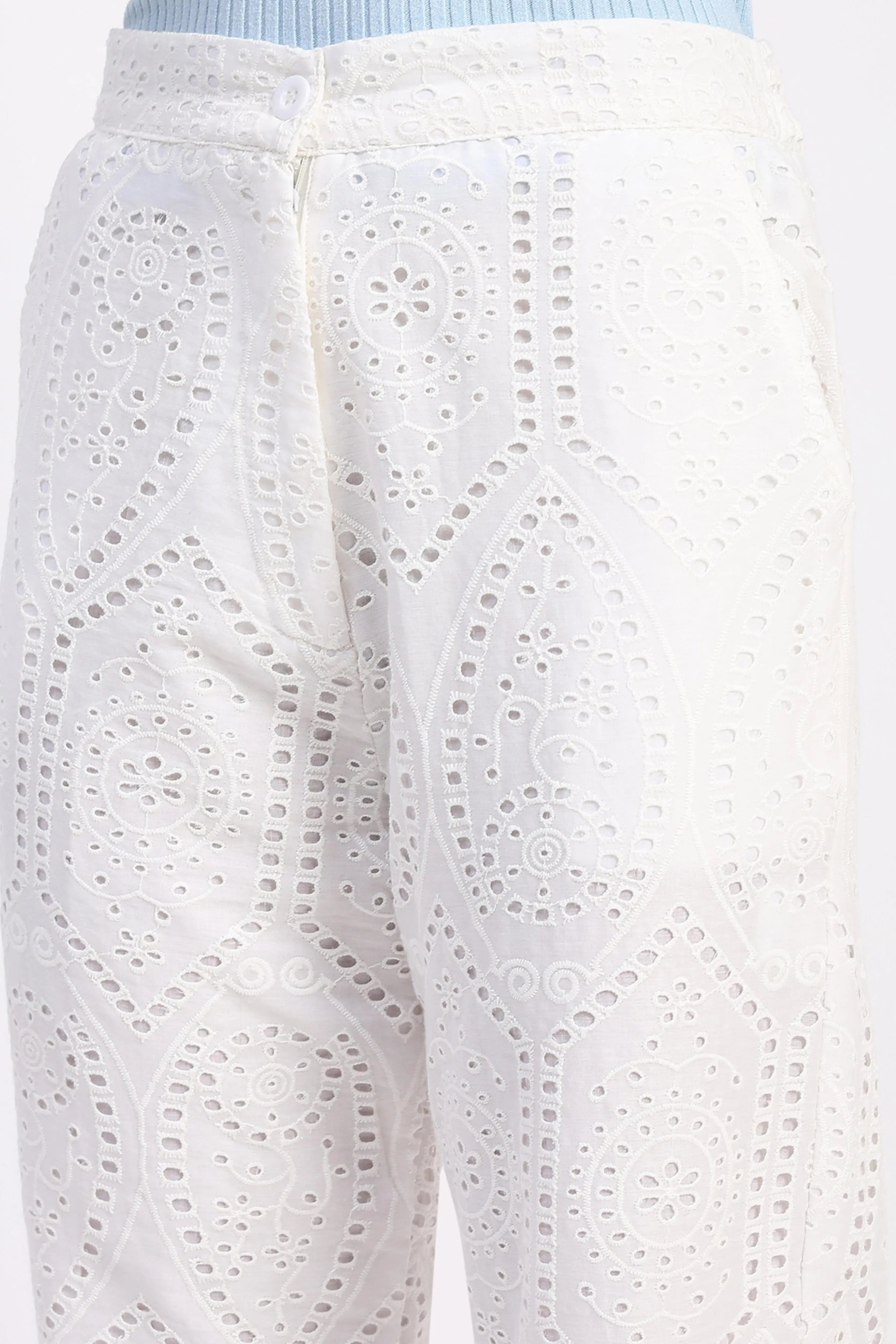 Cream Embroidered Schiffli Trouser - Global Republic