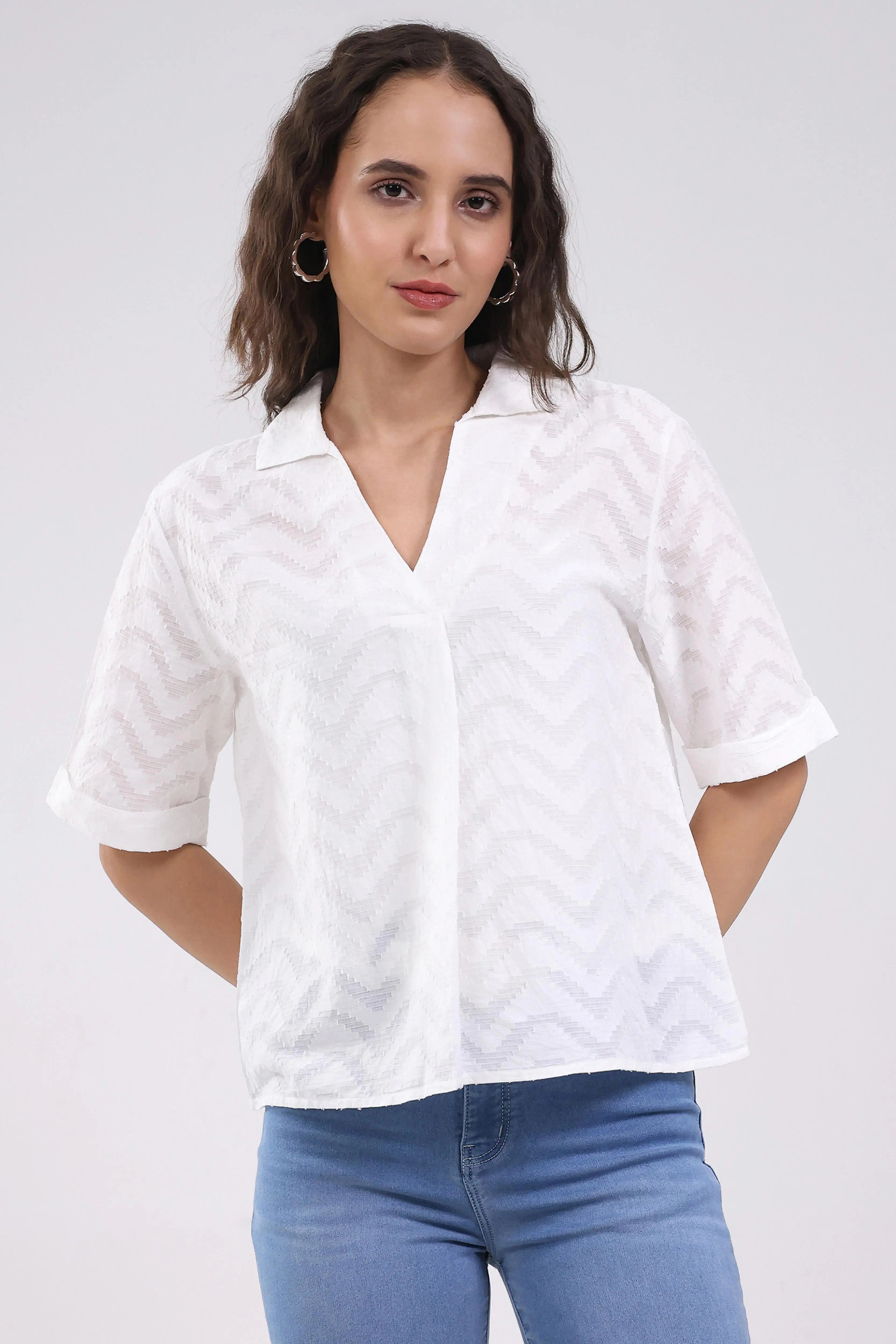 White Blouson Dobby Cotton Top - Global Republic