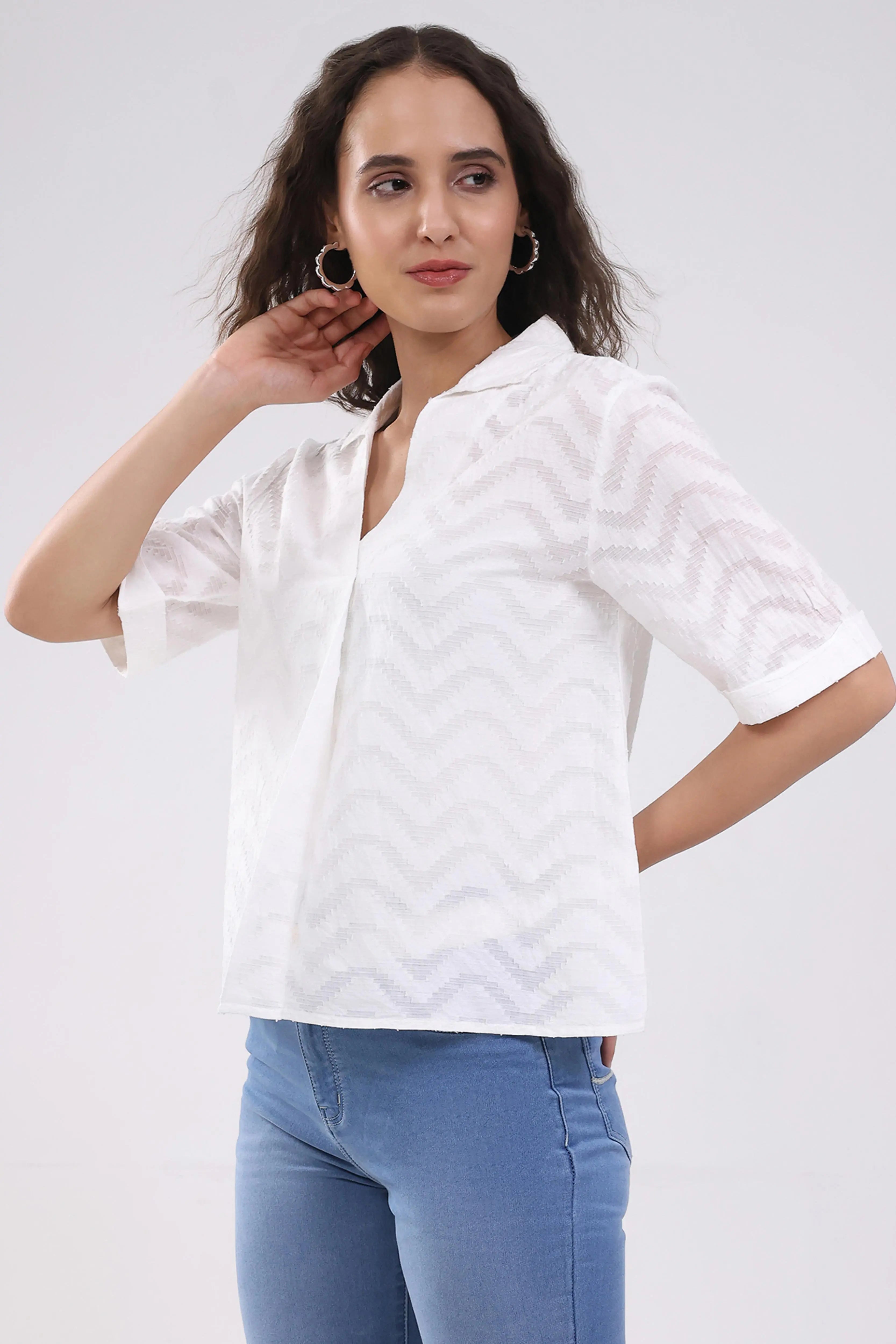 White Blouson Dobby Cotton Top - Global Republic