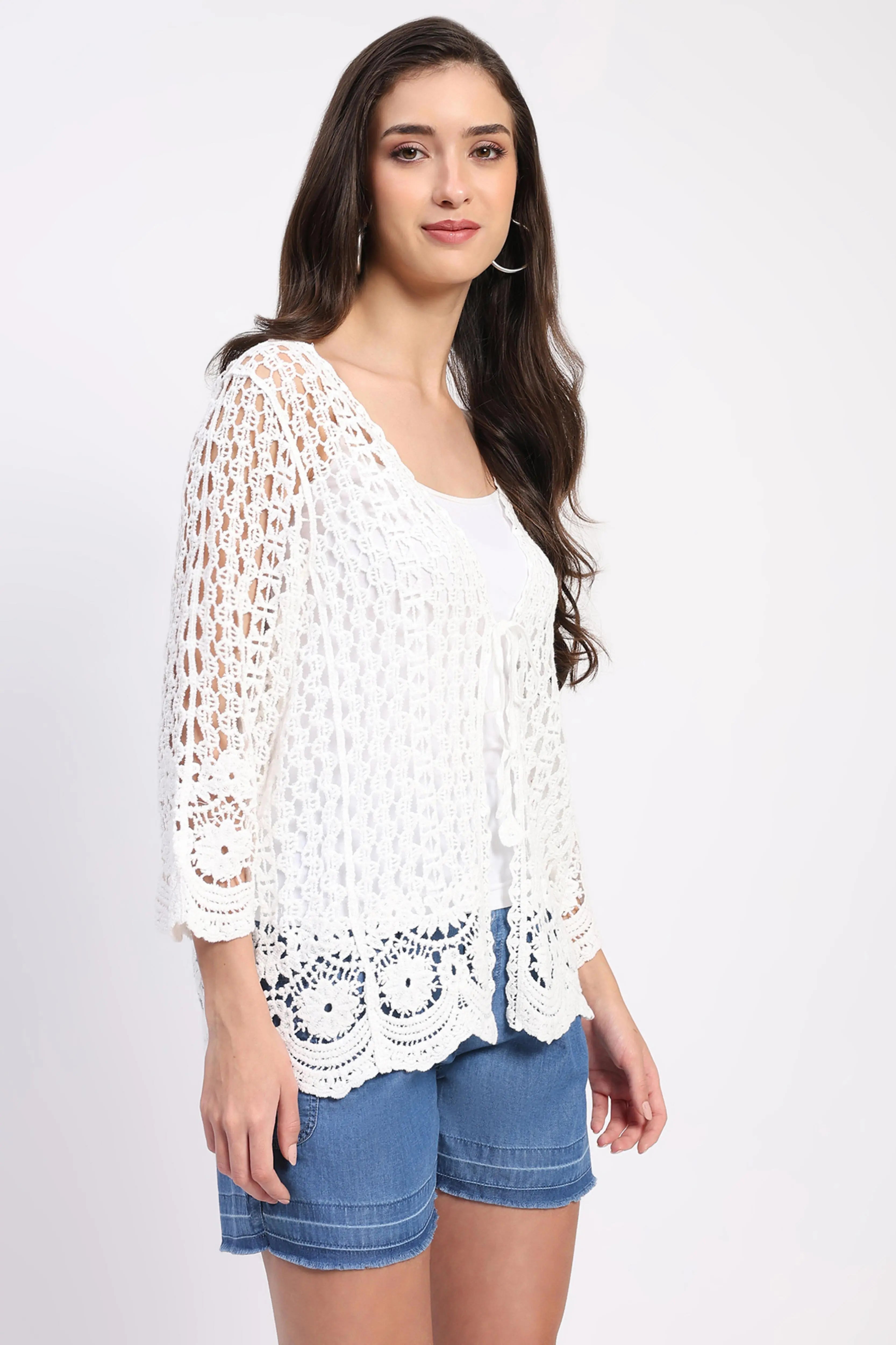 White Cotton Crochet Shrug - Global Republic