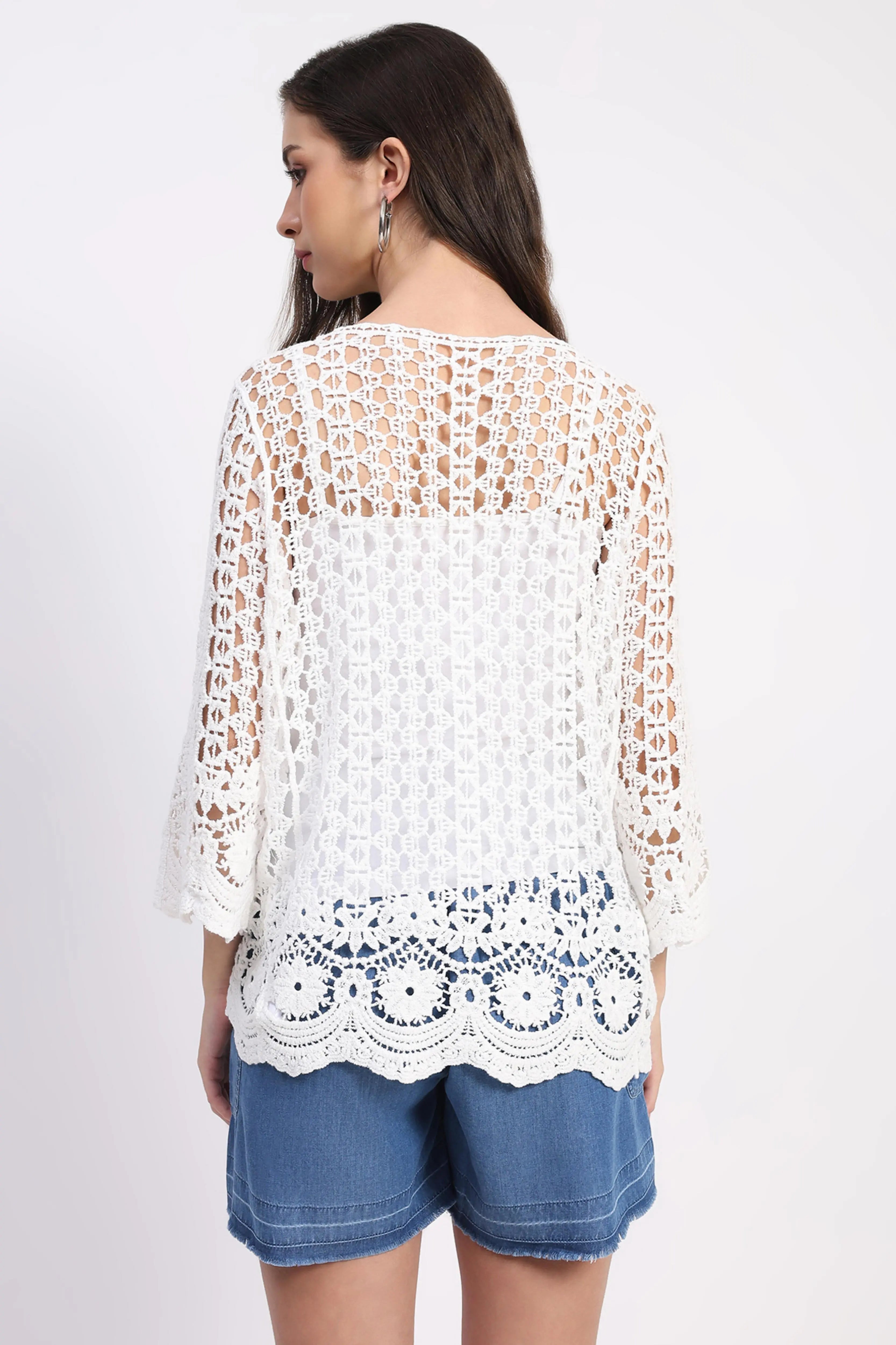 White Cotton Crochet Shrug - Global Republic