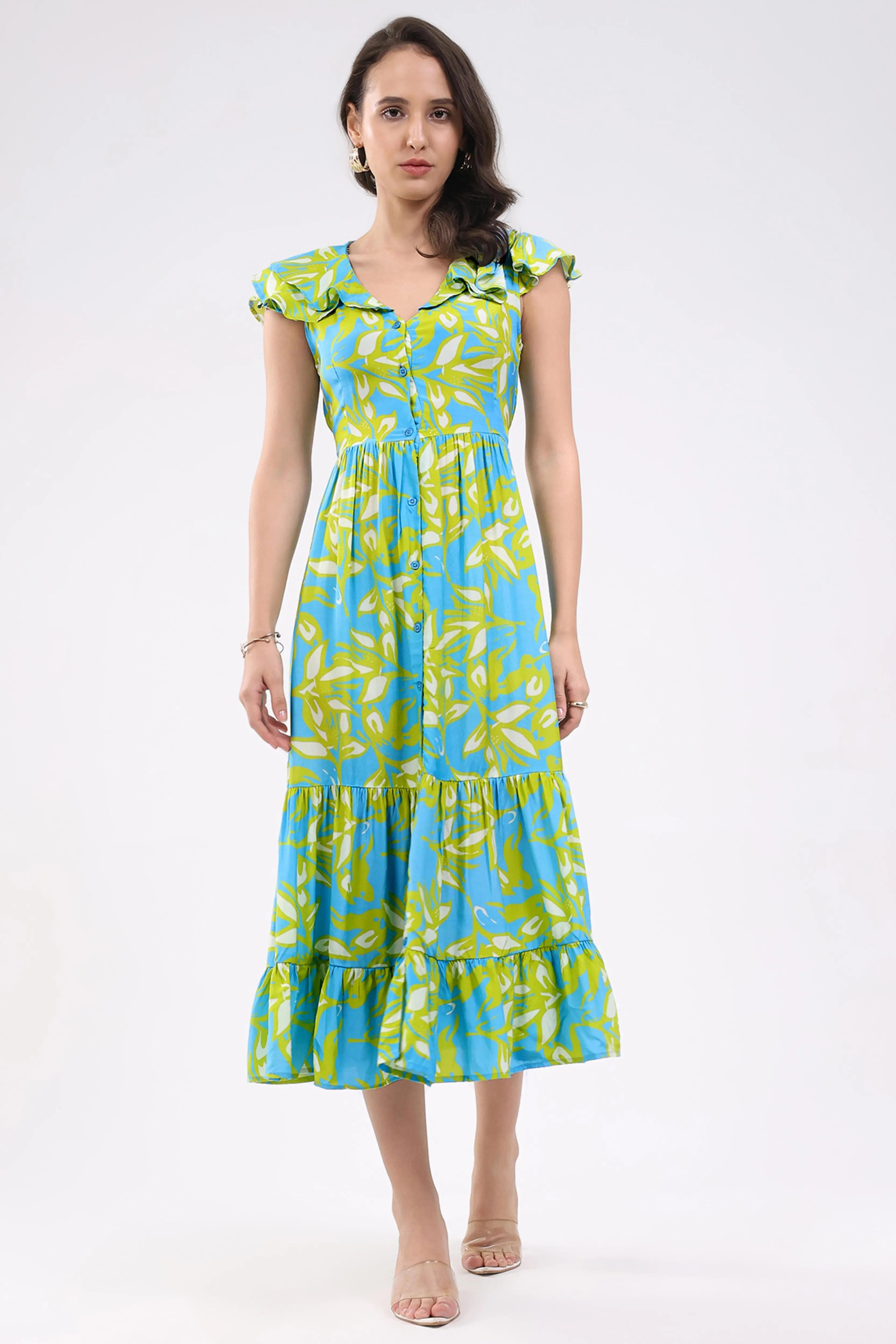 Sky & Lime Abstract Tiered Midi Dress - Global Republic