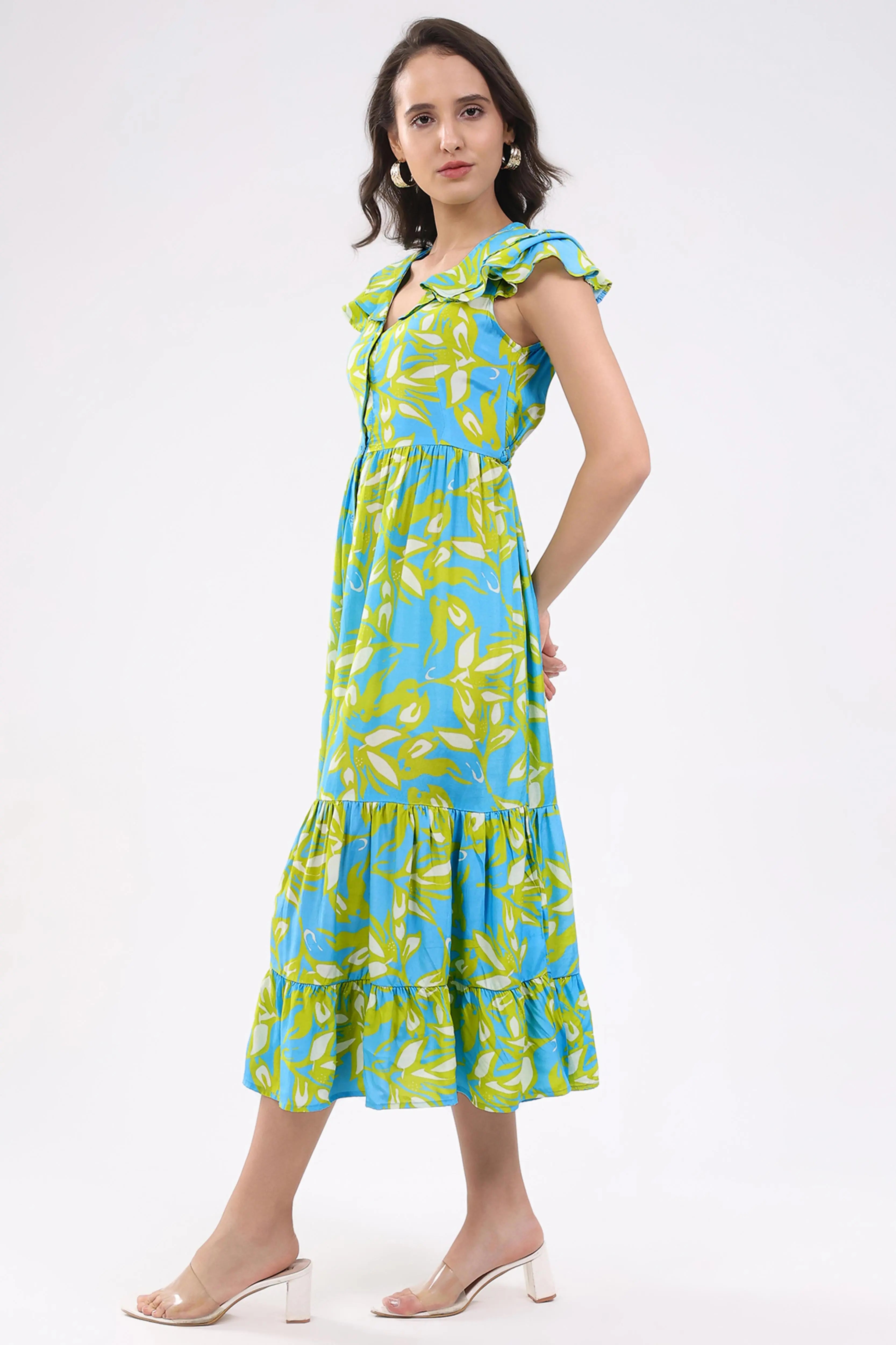 Sky & Lime Abstract Tiered Midi Dress - Global Republic