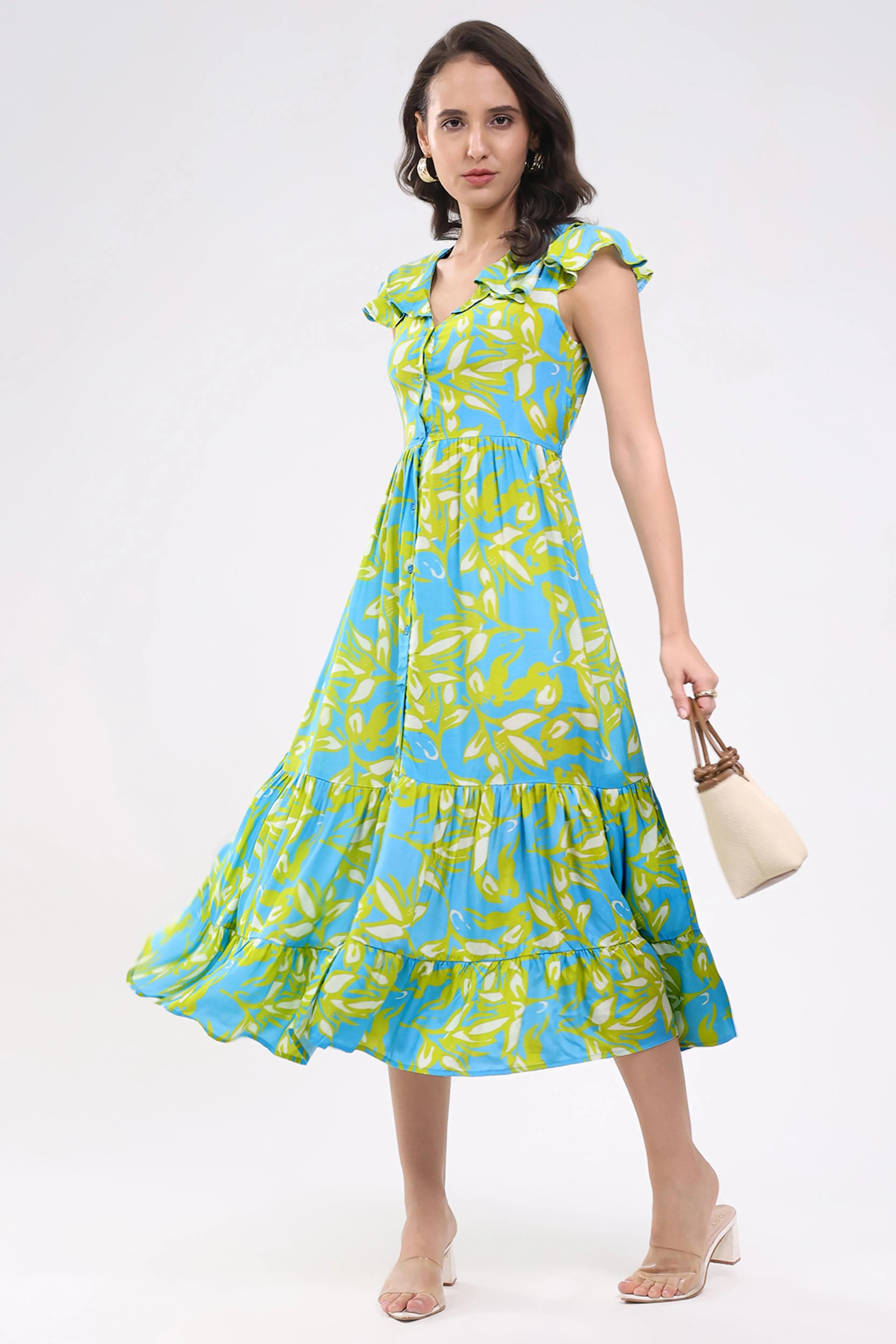 Sky & Lime Abstract Tiered Midi Dress - Global Republic