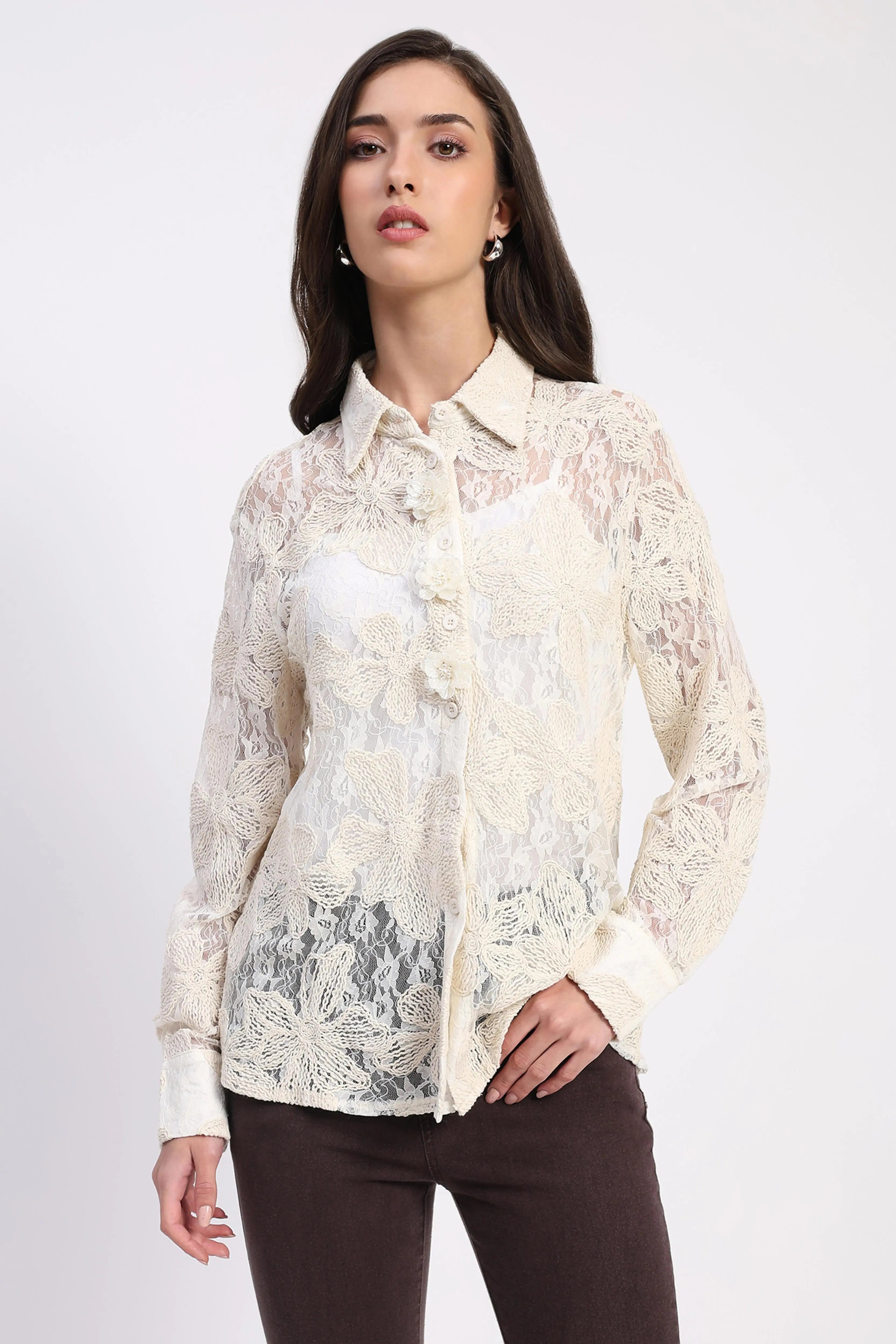Off-White Sheer Lace Embroidered Shirt - Global Republic